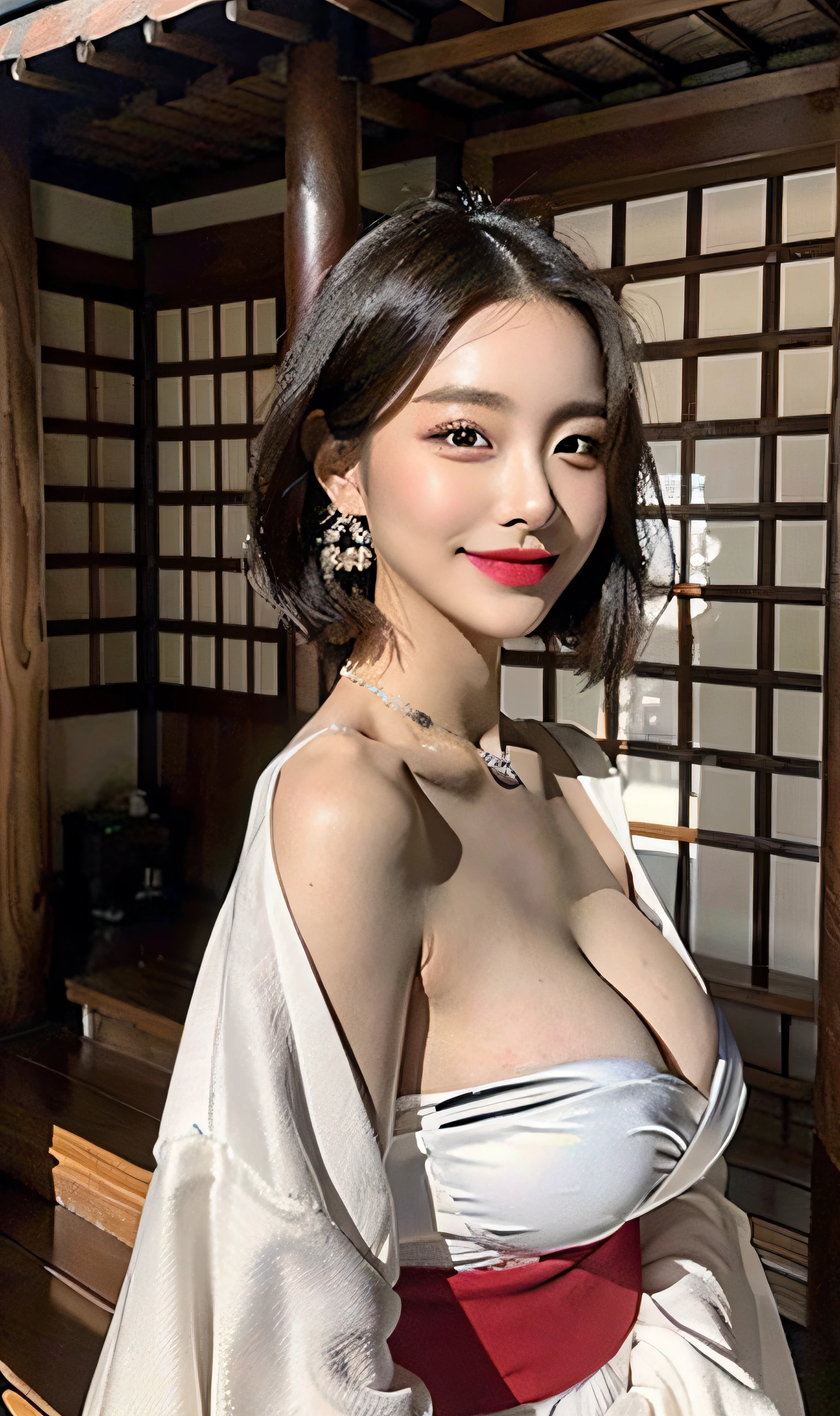 ((Best quality, 8k, Masterpiece :1.3)), 1girl, beautiful woman with emphasis on slim abs: 1.3, (casual hairstyle, big breasts: 1.2), hyper realistic skin detail, ultra-detailed face, delicate eyes, double eyelids, soft breasts, smile, beauty moles in breath, diamond choker necklace, jewely, exposed cleavage, her face, realistic, detailed skin, extreme light and shadow, wearing yukata Japanese summer festival, wearing hair ribbon best quality, (in japanese shrine:1.5), (realistic, photorealistic: 1.37), extreme light and shadow, disheveled hair, master work, rich details, (highest quality photo), (masterpiece), (detailed eyes), look in front of you eyes, incredibly cute under eye moles, necklace, earring best quality, Japanese woman, large breasts, very short bob hair,upper body, A beautiful woman with perfect body:1.4, Slim abdomen:1.2,st. louis \(luxurious wheels\), perfect anatomy, Slim Abs: 1.1, ((geisha style is cover the allure of Japanese Oiran Kimono style, with its intricate designs, rich symbolism, and historical significance, influencing modern fashion and inspiring artists globally)), ((sideboob)),(underboob), sitting down, hands behind head, big breasts,(naked), fingers spreading open, underpants,((naked)), open legs, sweat skined:1.2, indoor, blonde hair, sitting down, spread legs, hands behind head, big breasts,(naked), fingers spreading open, ,((naked)), blonde hair, im the night,