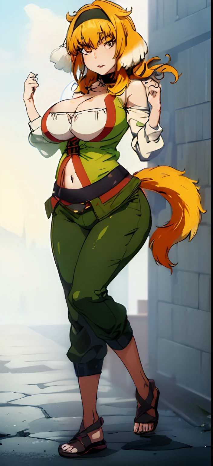 (day:1.7), in forest village, wooden house,brick_wall, 

,( dynamic pose:1.2), 

green mercenary_uniform, midriff, navel, (large breast:1.4), toned body,

choker,

blonde hair,long_hair,hairband,bangs, brown_eyes, fluffy blonde tail,

official art,extremely detailed CG unity 8k wallpaper, perfect lighting,Colorful, Bright_Front_face_Lighting, (masterpiece:1.0),(best_quality:1.0), ultra high res,4K,ultra-detailed, photography, 8K, HDR, highres, absurdres:1.2, Kodak portra 400, film grain, blurry background, bokeh:1.2, lens flare, (vibrant_color:1.2)

big breasts body,  (narrow_waist), (skindentation, narrow waist, thighs, wide hips, half eye close, eyeliner, eyelashes, perfect face, detailed eyes, facial lighting:1.2),