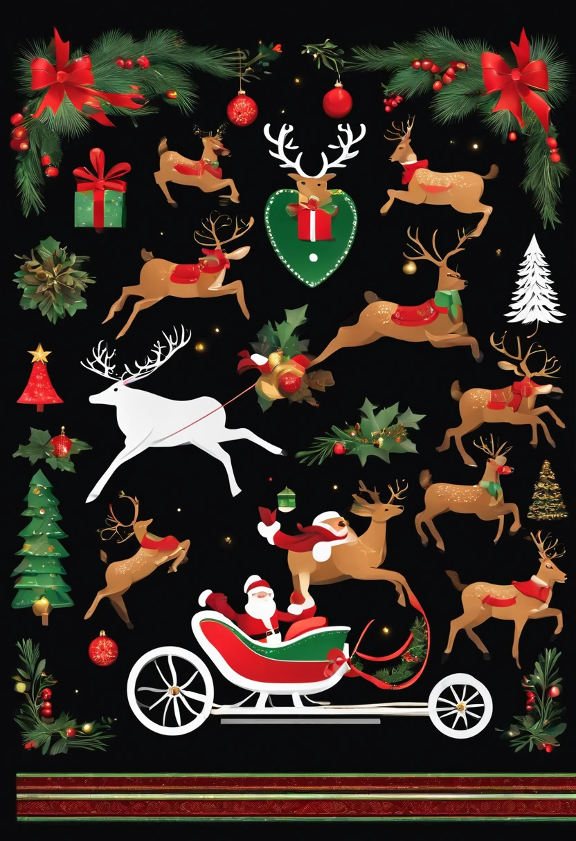 Christmas elements, santa claus Reindeer pulling a sleigh Black background, Illustrated minimalist image of a set of exclusive stickers