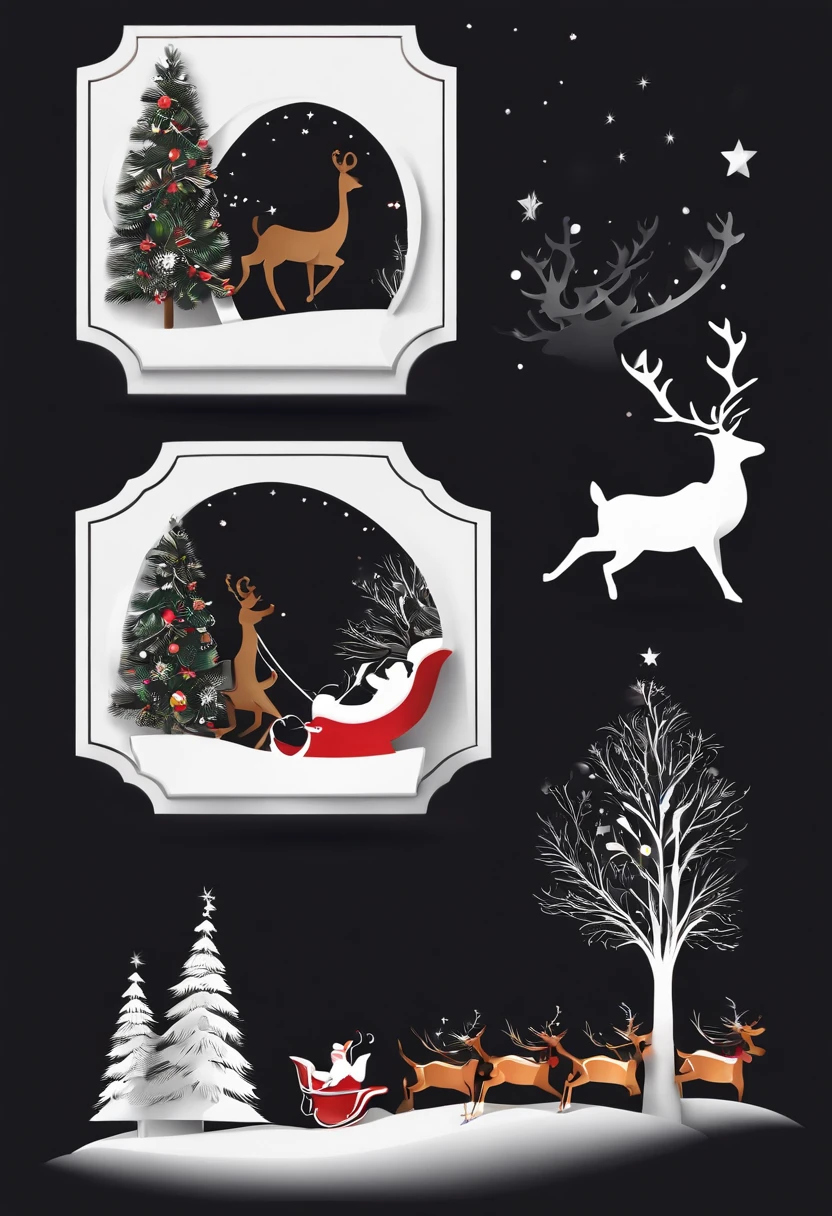Christmas elements, santa claus Reindeer pulling a sleigh Black background, Illustrated minimalist image of a set of exclusive stickers
