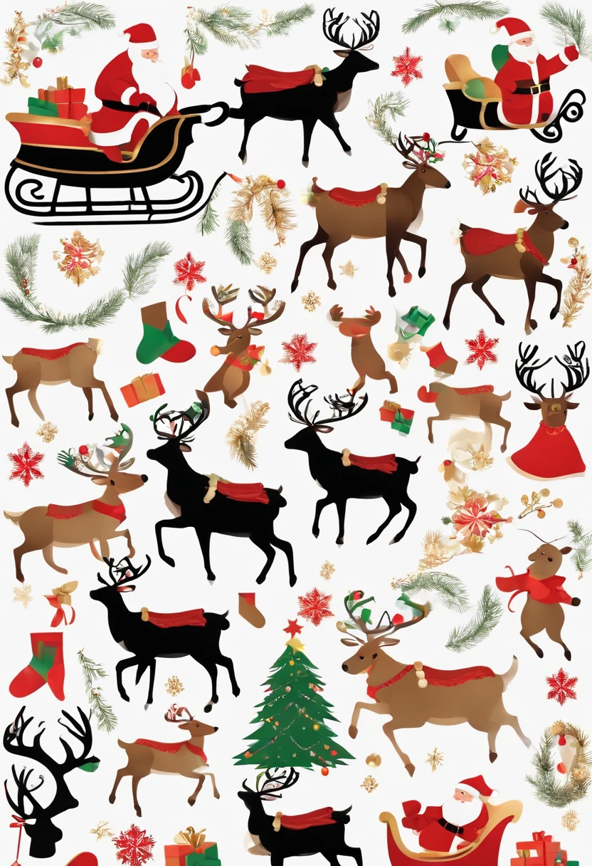 Christmas elements, santa claus Reindeer pulling a sleigh Black background, Illustrated minimalist image of a set of exclusive stickers