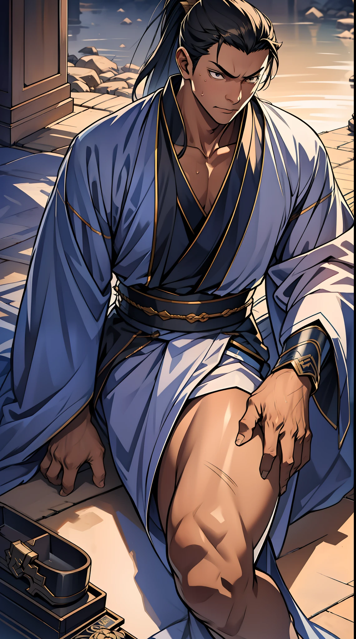 quadratic element,style of anime,mtu(Male Warrior),sit astride,The proportions are correct,Face details,swordsmen,High ponytail hairstyle,Neck details,There is an Adam's apple,Black Hanfu,kaftan,clothes details,Handing over,longer sleeves,Game quality,Swordsmanship,Light and shadow tracking,Ray traching,detailed glow,cg render,hair detail,cabelos preto e longos,Black ㇏ eyes,Handsome,Handsome,(juvenile sense),Clothing is complicated,Perfectcomposition,Refinement,high qulity,higher details,Lots of details,The background is complex,a sense of atmosphere,