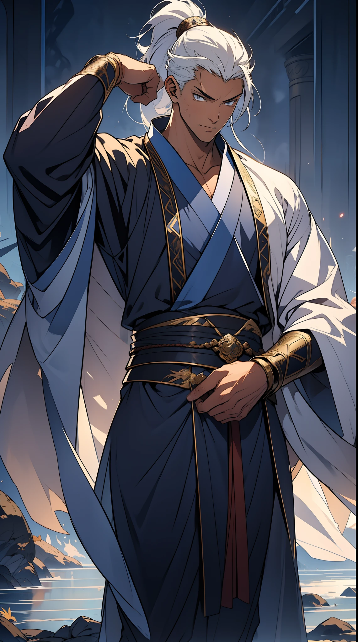 quadratic element,style of anime,mtu(Male Warrior),The proportions are correct,Face details,swordsmen,High ponytail hairstyle,Neck details,There is an Adam's apple,White robe,kaftan,long white robe,clothes details,Handing over,longer sleeves,Game quality,Swordsmanship,Light and shadow tracking,Ray traching,detailed glow,cg render,hair detail,cabelos preto e longos,blue colored eyes,Handsome,Handsome,(juvenile sense),Clothing is complicated,Perfectcomposition,Refinement,high qulity,higher details,Lots of details,The background is complex,a sense of atmosphere,