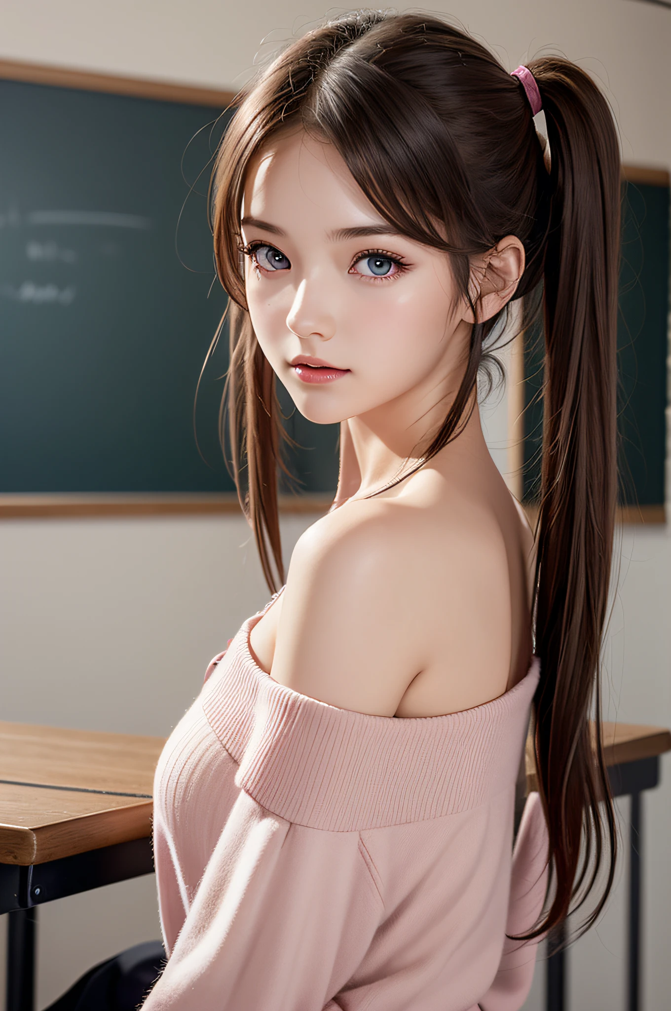 ((1girl in)), ((Best Quality)), (Ultra-detailed), (extremely detailed CG unified 8k wallpaper), Highly detailed, High-definition raw color photos, Professional Photography, (Twintails), Brown hair, Amazing face and eyes, Pink eyes, (amazingly beautiful girl), School, classroom, off shoulder,