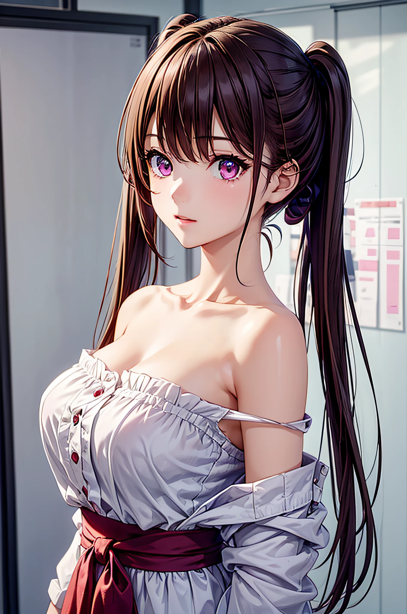 ((1girl in)), ((Best Quality)), (Ultra-detailed), (extremely detailed CG unified 8k wallpaper), Highly detailed, High-definition raw color photos, Professional Photography, (Twintails), Brown hair, Amazing face and eyes, Pink eyes, (amazingly beautiful girl), School, classroom, off shoulder,