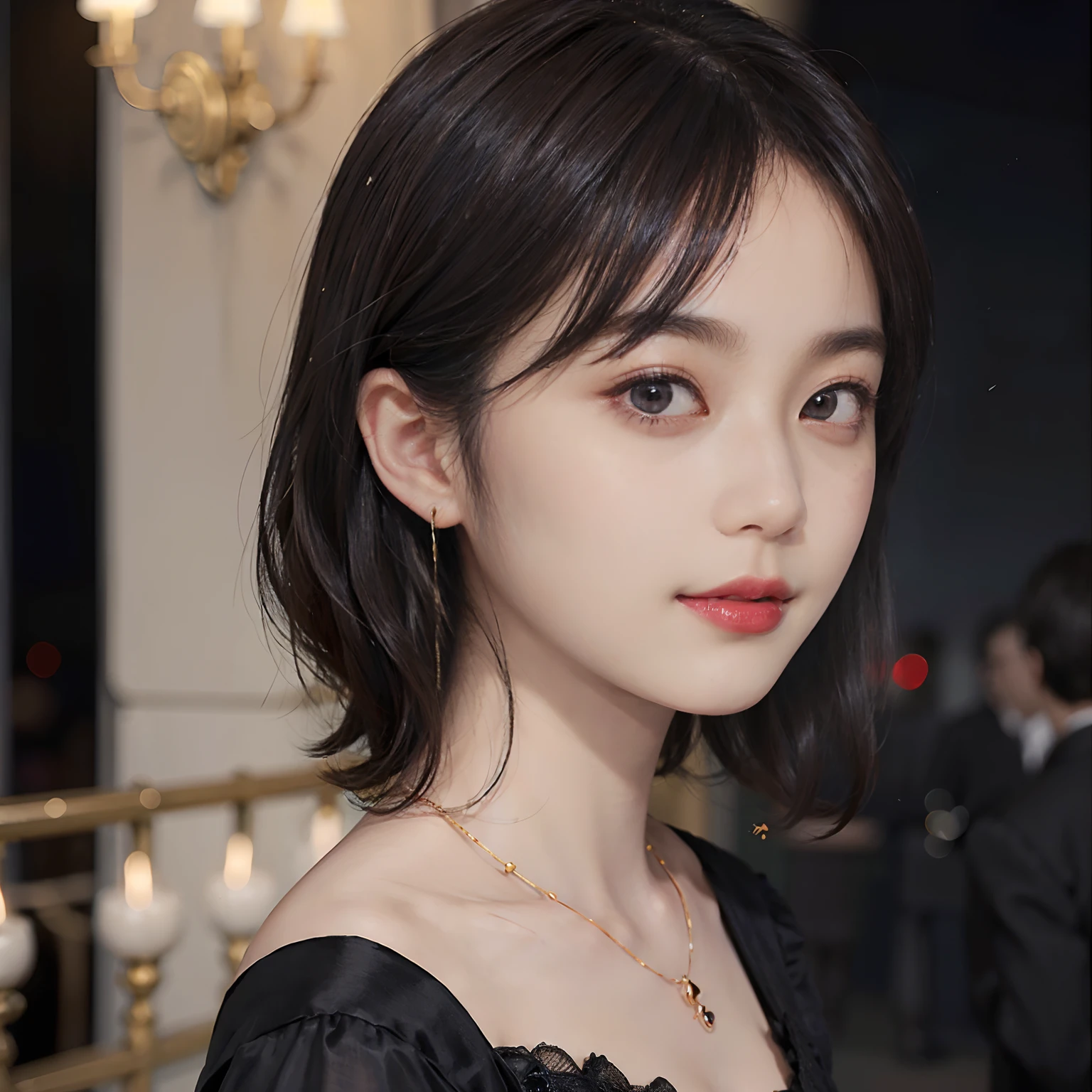 ((1womanl)),  (((Black-short-hair))), （masuter piece：1,3）、top-quality、​masterpiece、hight resolution、Original、highly detailed wallpaper、dress code、Luxurious necklace, (A slight smil)、a small face、((breast))、(Red and blue dresses)、(light on face)、Live-action style, Beautiful facial features, darkened room, ((Hu Dilan)), Masquerade, (fancy-dress),masquerade party