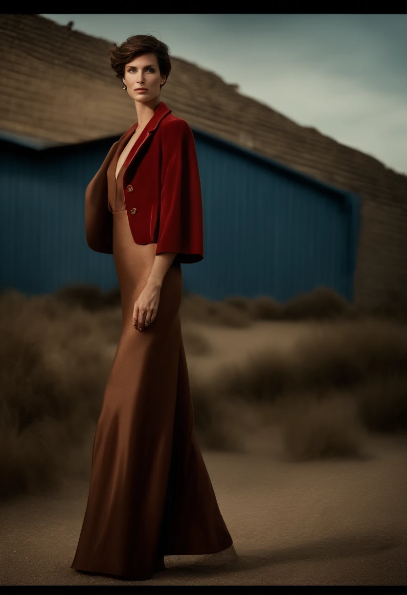 Un hombre guapo vestido de rojo , foto al estilo de Patrick Demarchelier. Vestido con una chaqueta de terciopelo rojo y jeans azules , Alto y en forma , (40 years old :1.1), (Afeitado:1.2), (very short brown hair:1.9),(pelo muy corto:1.6). in the style of ethereal beauty, Cielo azul realista, Hasselblad 1600F, Retrato hiperrealista, Colores brillantes, Dynamic lines, liso y pulido .