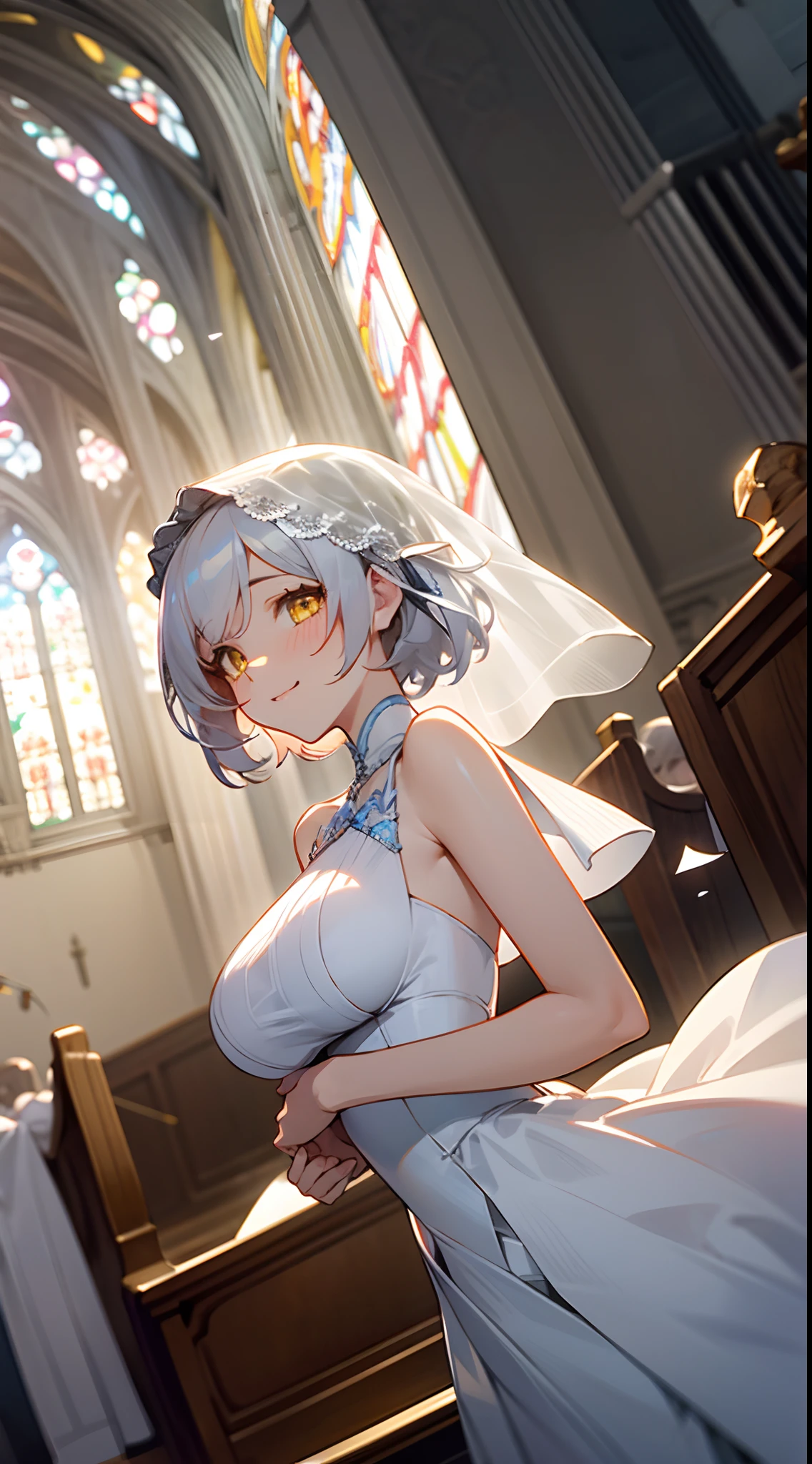 1 girl, game CG, white bride dress, shoulders visible, veil, hair ribbon, gigantic breasts, silver hair, short hair, french braid, yellow eyes, happiness, church,