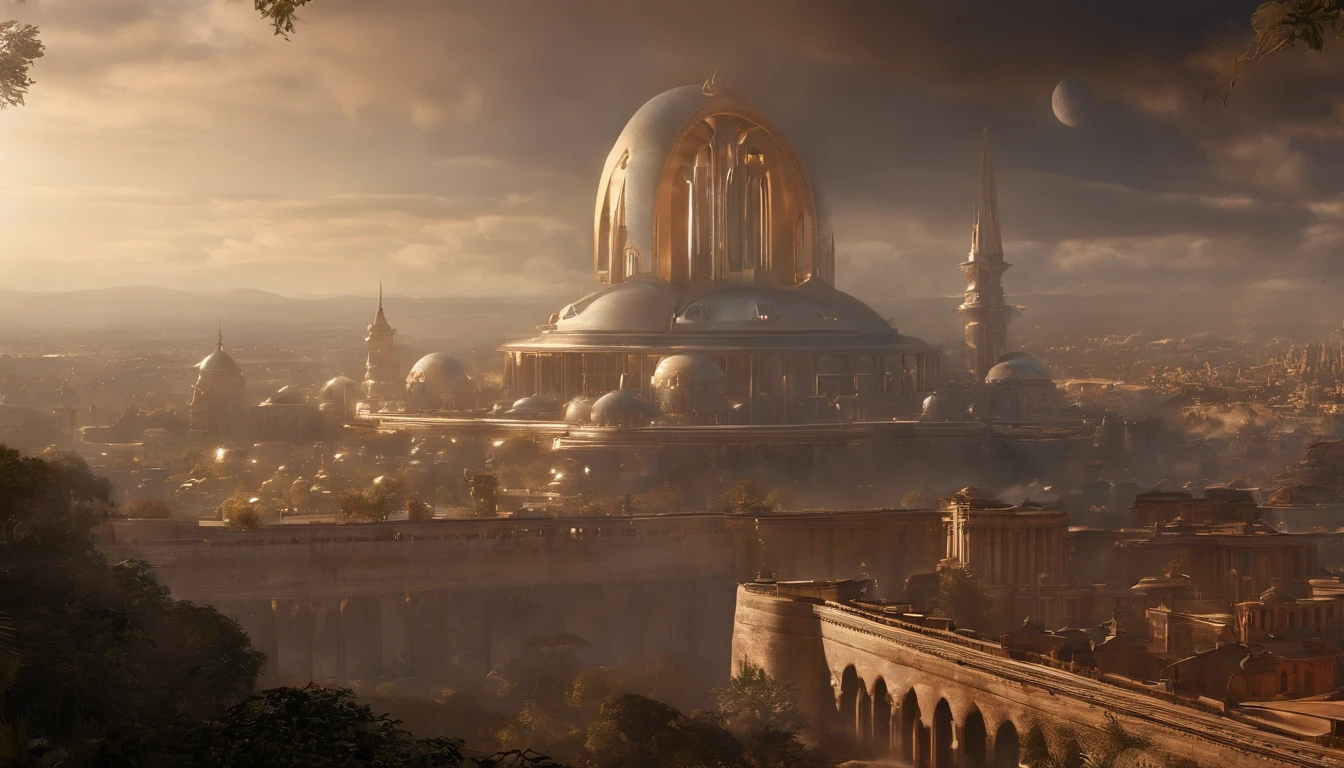 (The main subject: Wide-angle lens),（Warhammer 40K universe),((The city of the future))，35th century，(Wide sky), (sense of vastness), (Intricate details), (immersive experience), (Awe-inspiring),  Vibrant colors, Dramatic lighting