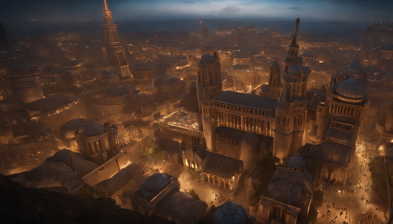 (The main subject: Wide-angle lens),(Warhammer 40K universe),((The city of the future)),35th century,(Wide sky), (sense of vastness), (Intricate details), (immersive experience), (Awe-inspiring), Vibrant colors, Dramatic lighting