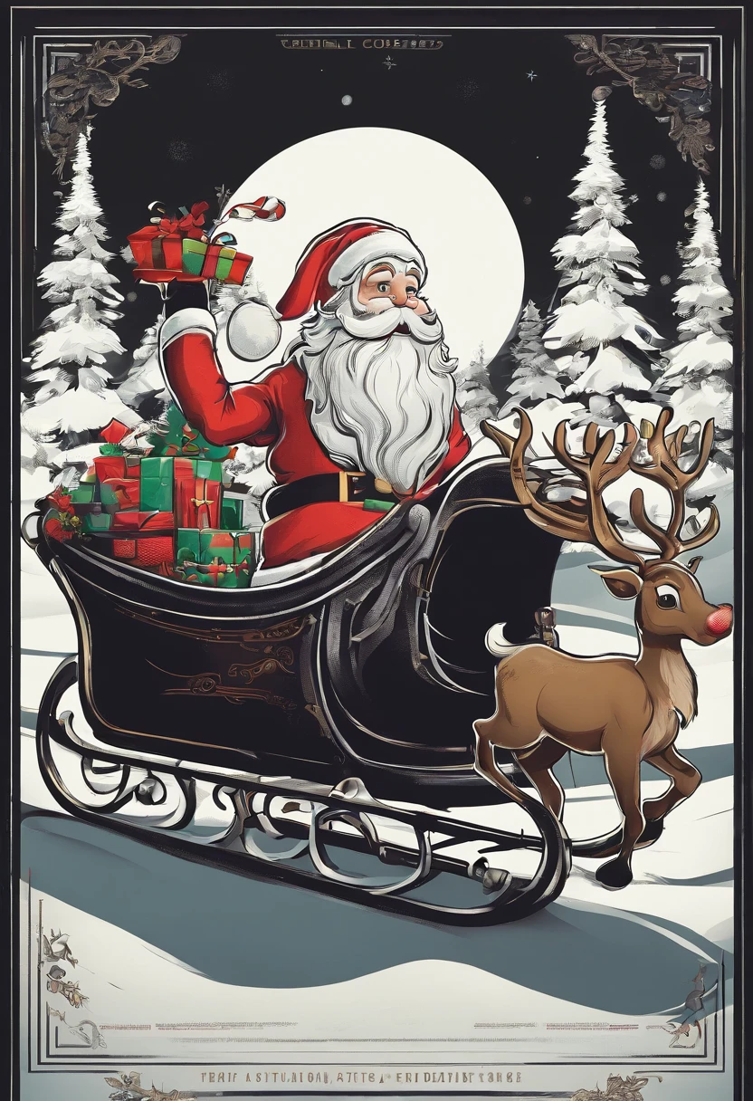 Christmas elements, santa claus Reindeer pulling a sleigh Black background, Illustrated minimalist image of a set of exclusive stickers
