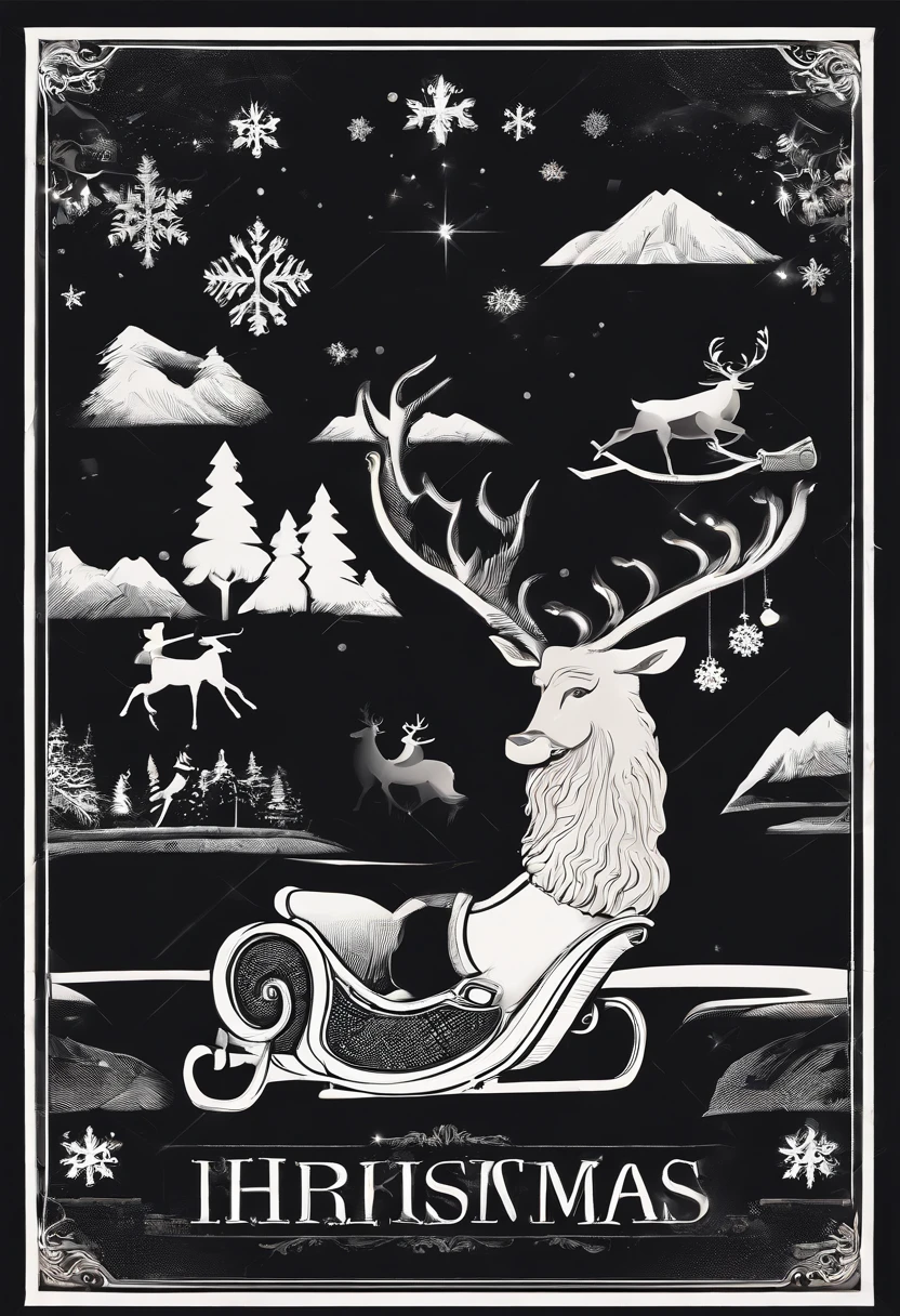 Christmas elements, santa claus　Reindeer pulling a sleigh　Black background, Illustrated minimalist image of a set of exclusive stickers