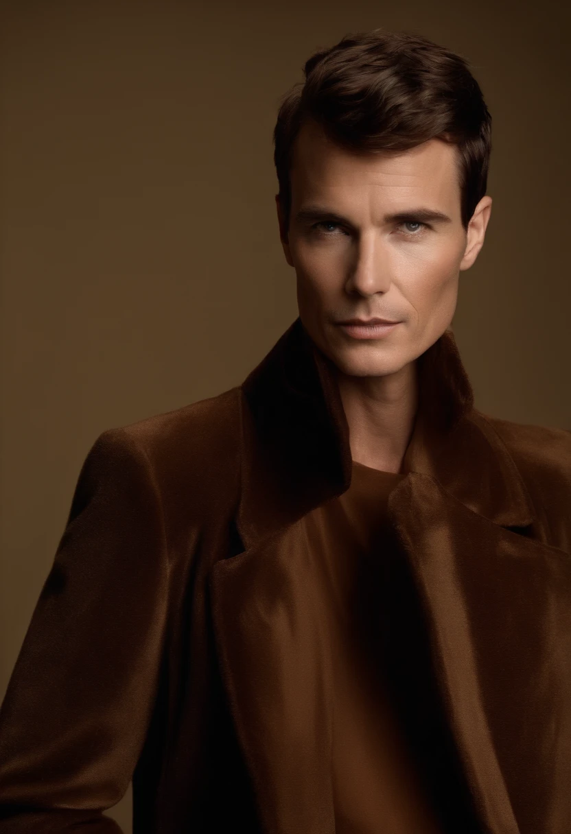 Un hombre guapo vestido de rojo , foto al estilo de Patrick Demarchelier. Vestido con una chaqueta de terciopelo rojo y jeans azules , Alto y en forma , (40 years old :1.1), (Afeitado:1.2), (very short brown hair:1.9),(pelo muy corto:1.6). in the style of ethereal beauty, Cielo azul realista, Hasselblad 1600F, Retrato hiperrealista, Colores brillantes, Dynamic lines, liso y pulido .