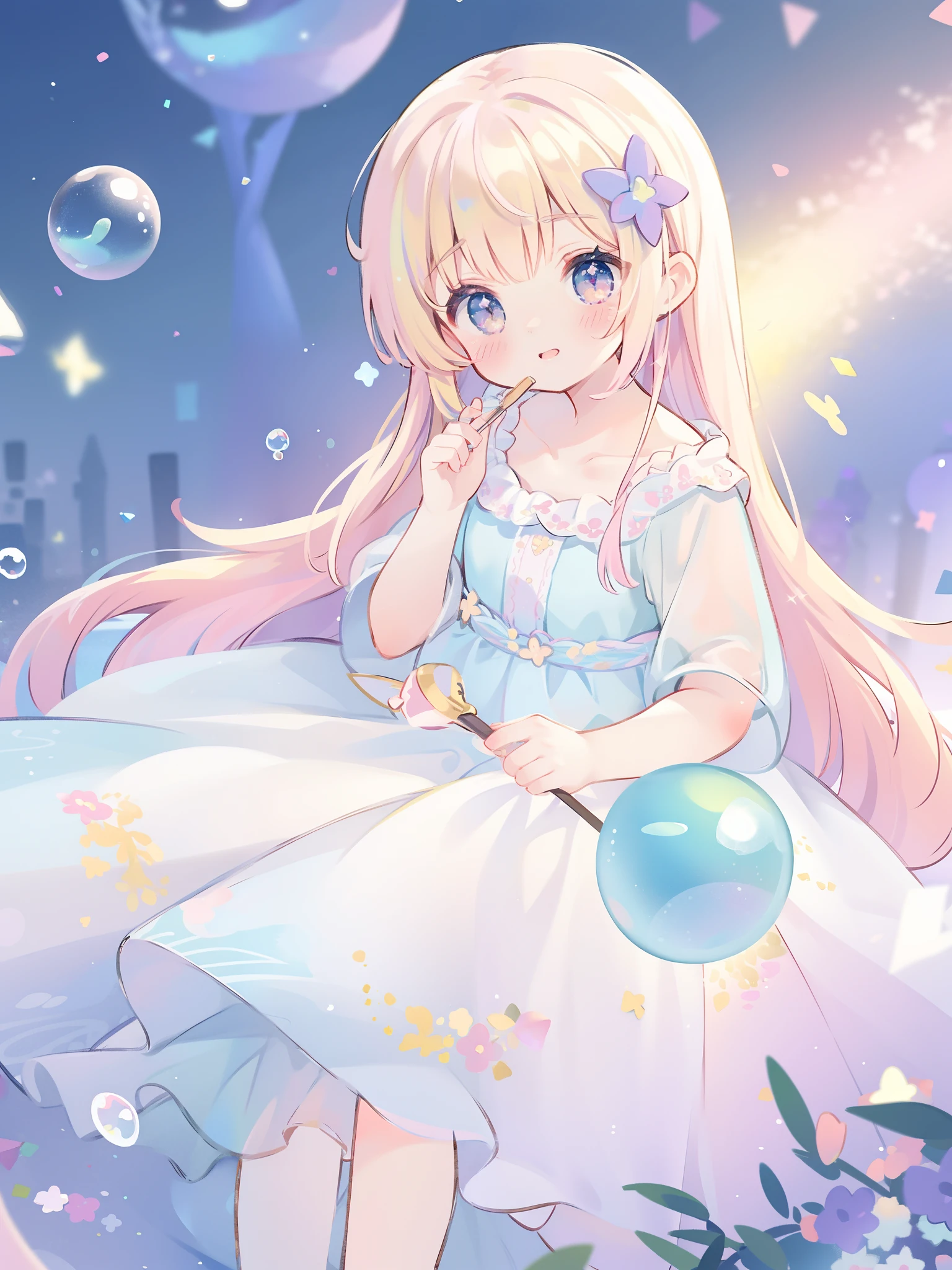 masterpiece, best quality, 8k resolution, sharp focus, intricate detail, beautiful girl, sparkling eyes, golden ratio face, otherworldly liquid, watercolor, ((pastel colors)), bright colors, whimsical, colorful, sharp focus, high resolution, fine detail, princess fantasy ballgown, ((round eyes)), iridescent bubbles, fantasia background