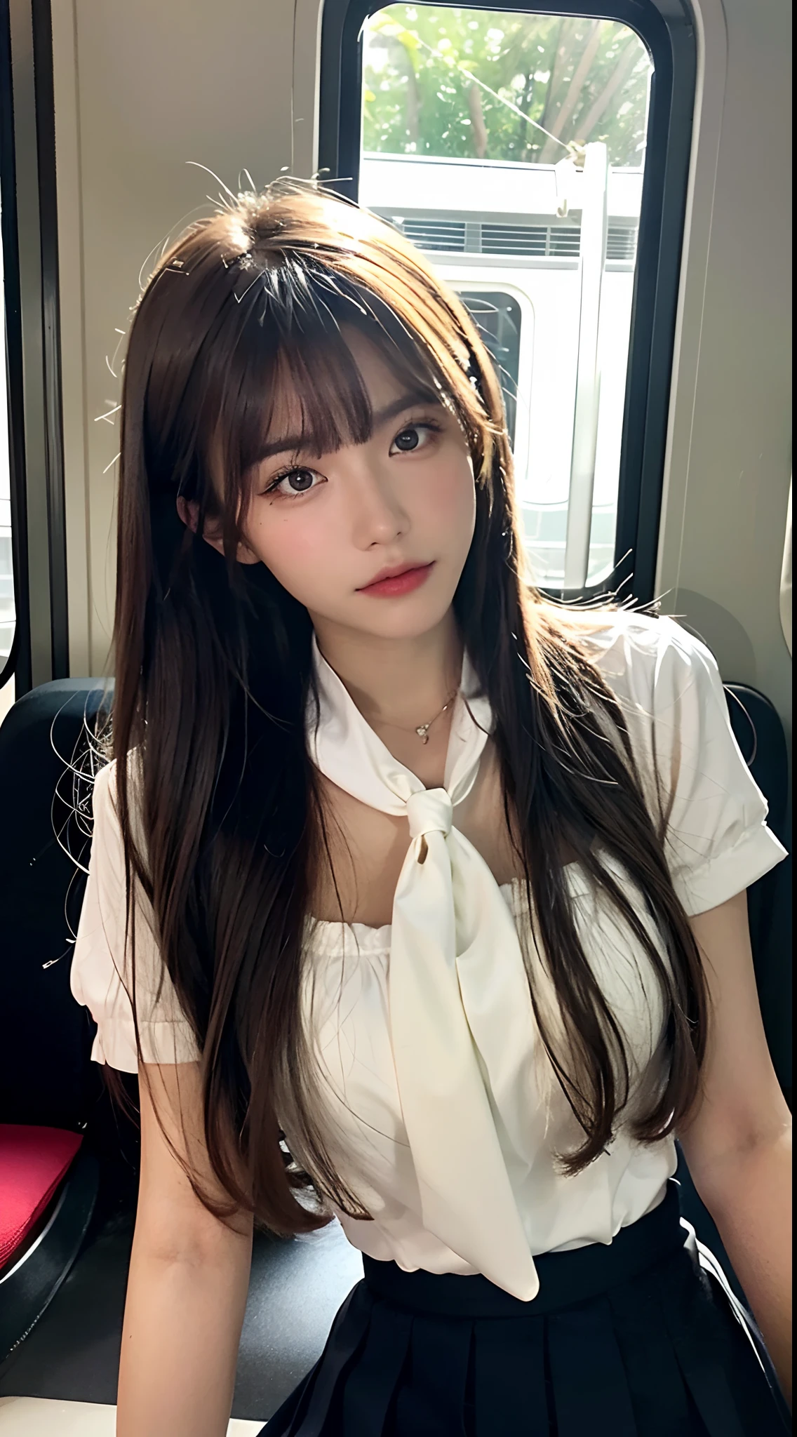(masterpiece, bestquality:1.2), 10, 15 me, 85 mm., official art, RAW photo, Absurd, white blouse, pretty face, Up Close, Upper body, Violaceaess, Gardenia, beautiful girl, School uniform, (Navy pleated skirt:1.1), Curly waist, thights, short sleeves, In the train, Sit on the bench seat............................., looking at the audience, no makeup, (smile:0.4), grain of film, Chromatic aberration, crisp focus, face lights, Clear lighting, adolescent, detailed face, Bokeh background, (Dark red tie:1.1)
