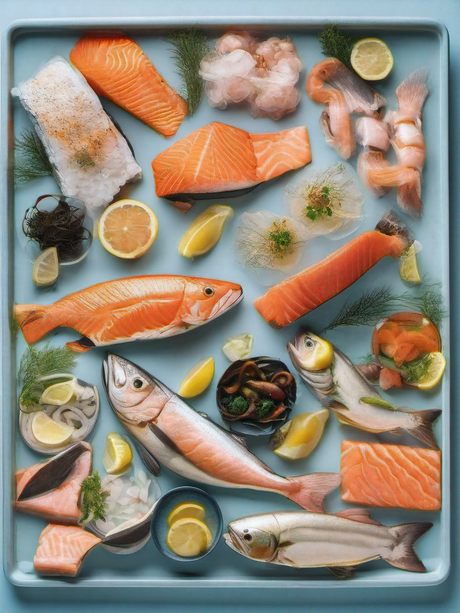 a tray filled with salmon and various seafood in the centr, in the style of light blue and light beige, magewave, meticulous technique, colorful, arrangements, babycore, bold yet, graceful, spiral group, --upbeat