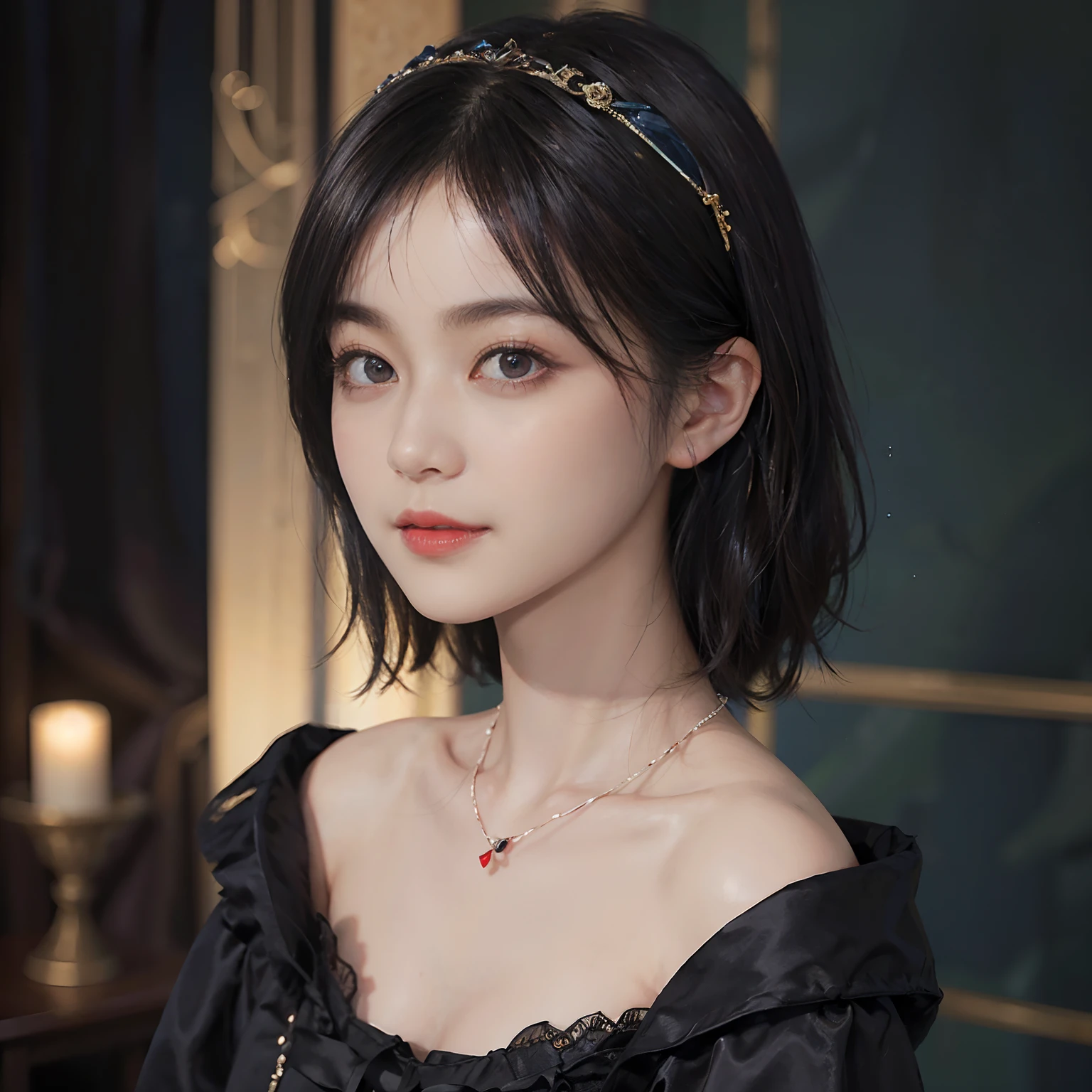 ((1womanl)), (((Black-short-hair))), (masuter piece:1,3)、top-quality、masterpiece、hight resolution、Original、highly detailed wallpaper、dress code、Luxurious necklace, (A slight smil)、a small face、((breast))、(Red and blue dresses)、(light on face)、Live-action style, Beautiful facial features, darkened room, ((Hu Dilan)), Masquerade, (fancy-dress),masquerade party