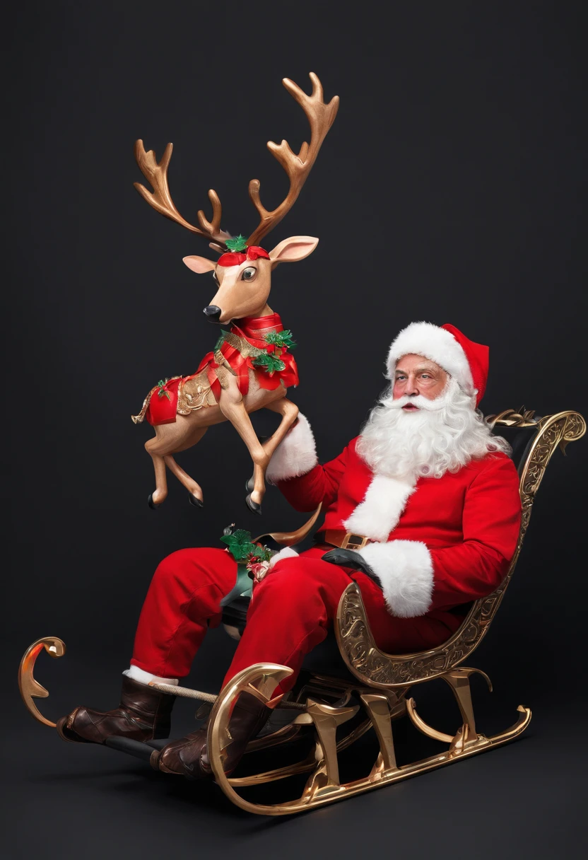 Christmas elements, santa claus Reindeer pulling a sleigh Black background, Illustrated minimalist image of a set of exclusive stickers