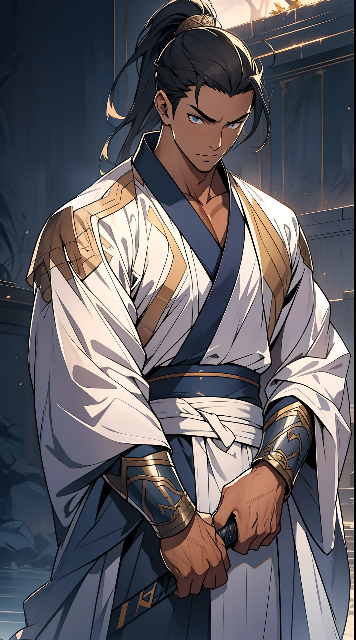 quadratic element，style of anime，mtu（Male Warrior），The proportions are correct，Face details，swordsmen，High ponytail hairstyle，Neck details，There is an Adam's apple，White robe，kaftan，long white robe，clothes details，Handing over，longer sleeves，Game quality，Swordsmanship，Light and shadow tracking，Ray traching，detailed glow，cg render，hair detail，cabelos preto e longos，blue colored eyes，Handsome，Handsome，（juvenile sense），Clothing is complicated，Perfectcomposition，Refinement，high qulity，higher details，Lots of details，The background is complex，a sense of atmosphere，