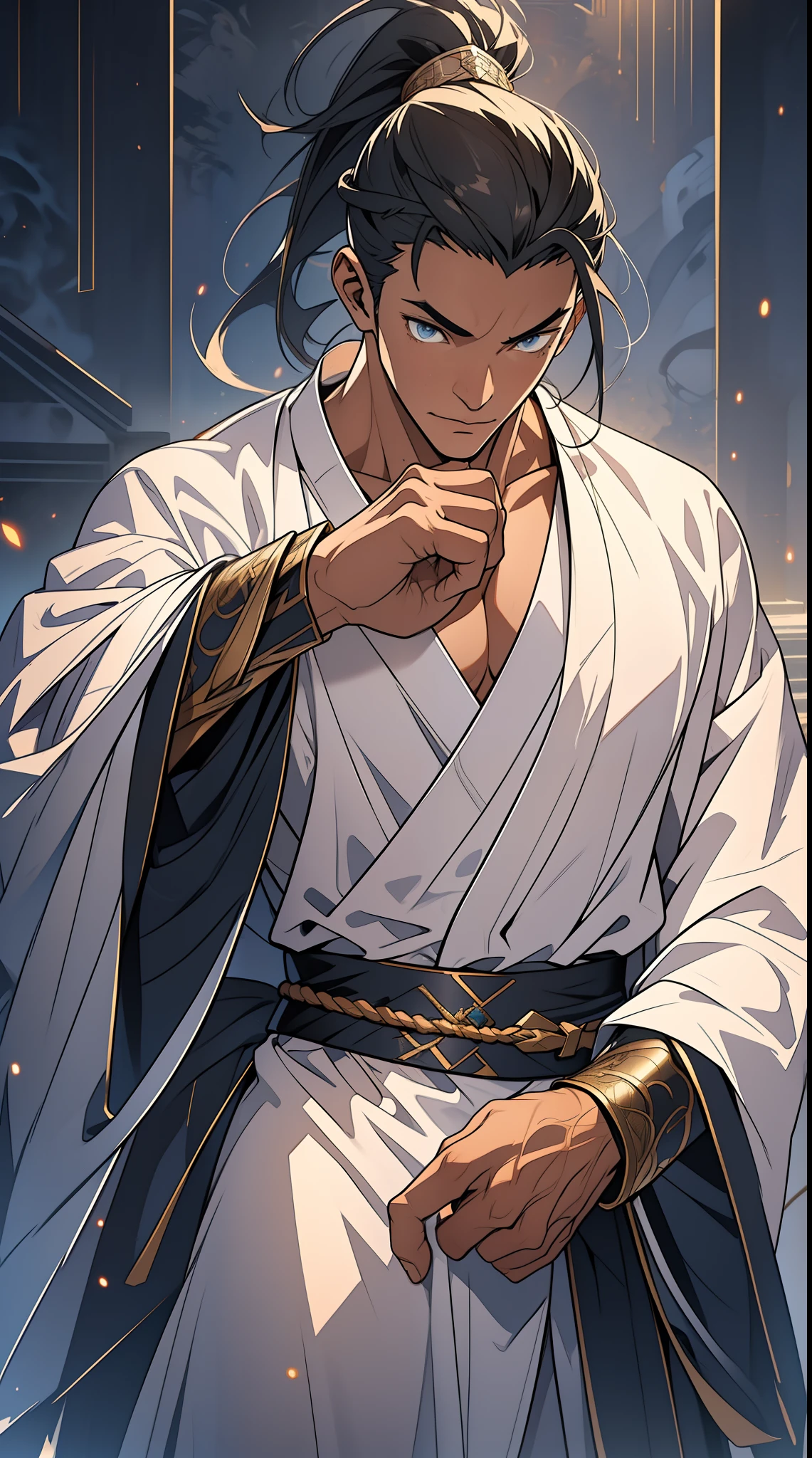 quadratic element,style of anime,mtu(Male Warrior),The proportions are correct,Face details,swordsmen,High ponytail hairstyle,Neck details,There is an Adam's apple,White robe,kaftan,long white robe,clothes details,Handing over,longer sleeves,Game quality,Swordsmanship,Light and shadow tracking,Ray traching,detailed glow,cg render,hair detail,cabelos preto e longos,blue colored eyes,Handsome,Handsome,(juvenile sense),Clothing is complicated,Perfectcomposition,Refinement,high qulity,higher details,Lots of details,The background is complex,a sense of atmosphere,