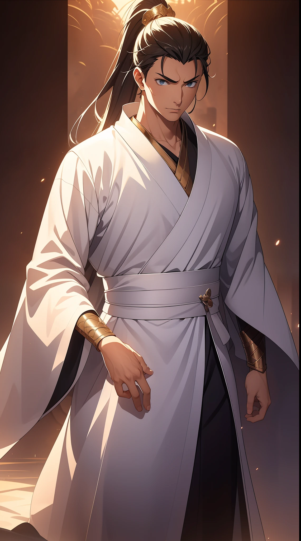 was a towering young man with a powerfully muscular physique, imposing features, short white hair, and faded white eyes that showed no sense of feeling. He usually wore a gold-colored kāṣāya garment over black yukata robes. His monk attire is completed with white tabi socks and zōri sandals.