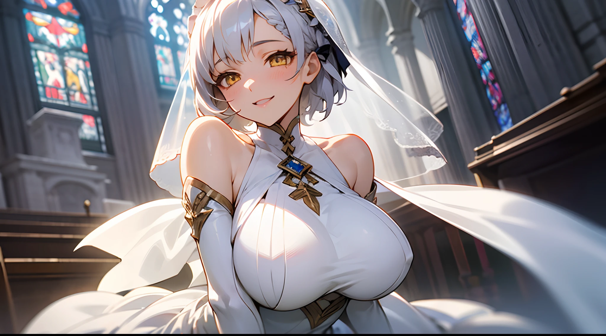 1 girl, game CG, white bride dress, shoulders visible, veil, hair ribbon, gigantic breasts, silver hair, short hair, french braid, yellow eyes, happiness, church,