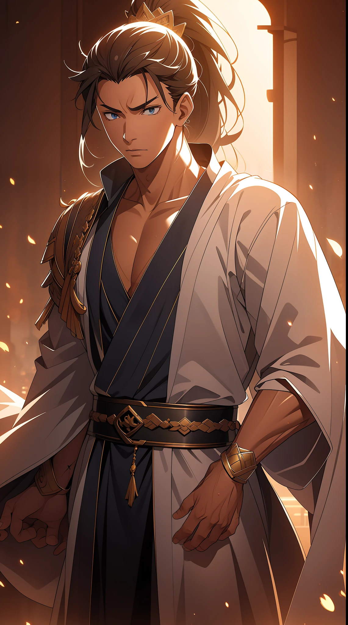 quadratic element,style of anime,mtu(Male Warrior),The proportions are correct,Face details,swordsmen,High ponytail hairstyle,Neck details,There is an Adam's apple,White robe,kaftan,long white robe,clothes details,Handing over,longer sleeves,Game quality,Swordsmanship,Light and shadow tracking,Ray traching,detailed glow,cg render,hair detail,cabelos preto e longos,blue colored eyes,Handsome,Handsome,(juvenile sense),Clothing is complicated,Perfectcomposition,Refinement,high qulity,higher details,Lots of details,The background is complex,a sense of atmosphere,