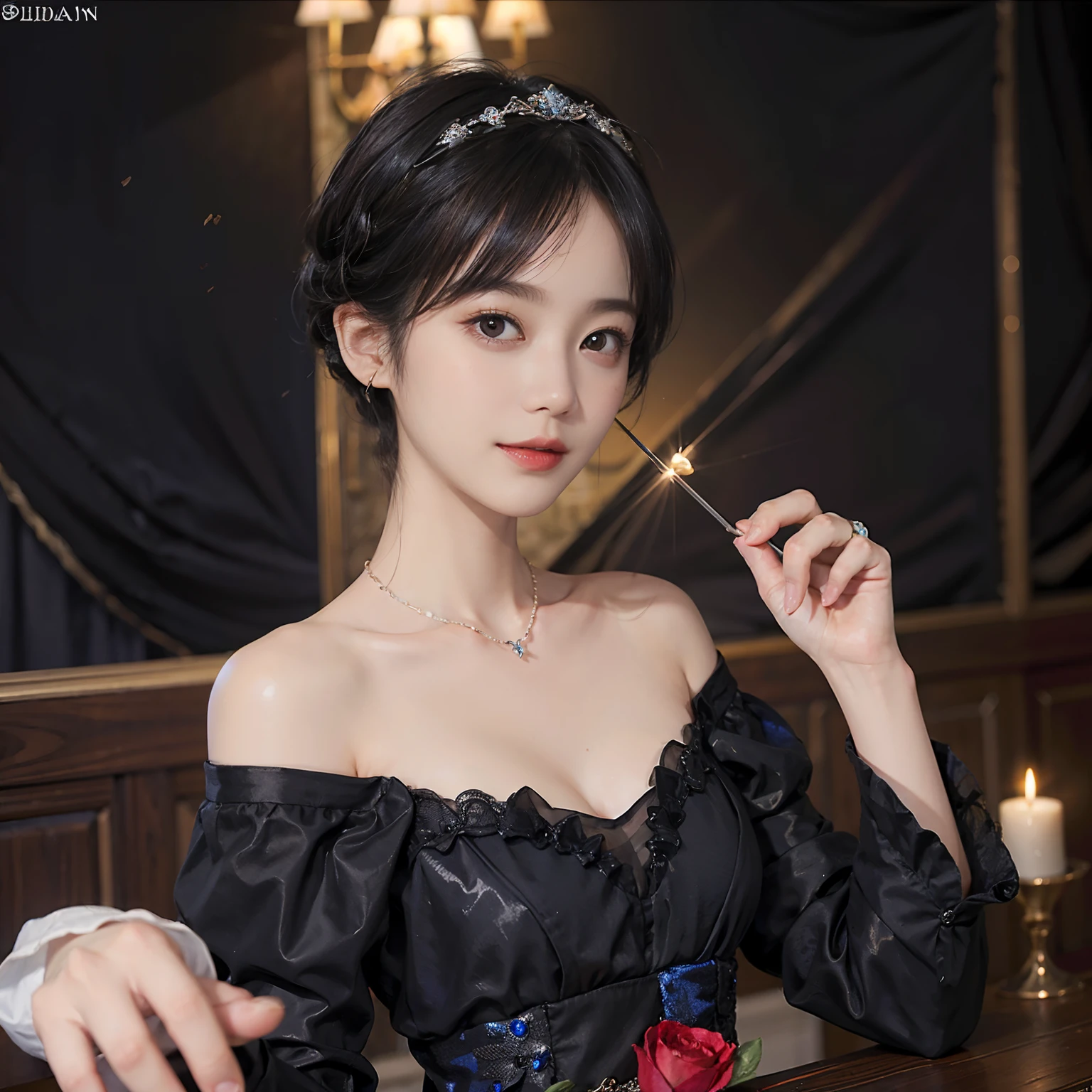 ((1womanl)),  (((Black-short-hair))), （masuter piece：1,3）、top-quality、​masterpiece、hight resolution、Original、highly detailed wallpaper、dress code、Luxurious necklace, (A slight smil)、a small face、((breast))、(Red and blue dresses)、(light on face)、Live-action style, Beautiful facial features, darkened room, ((Hu Dilan)), Masquerade, (fancy-dress),masquerade party