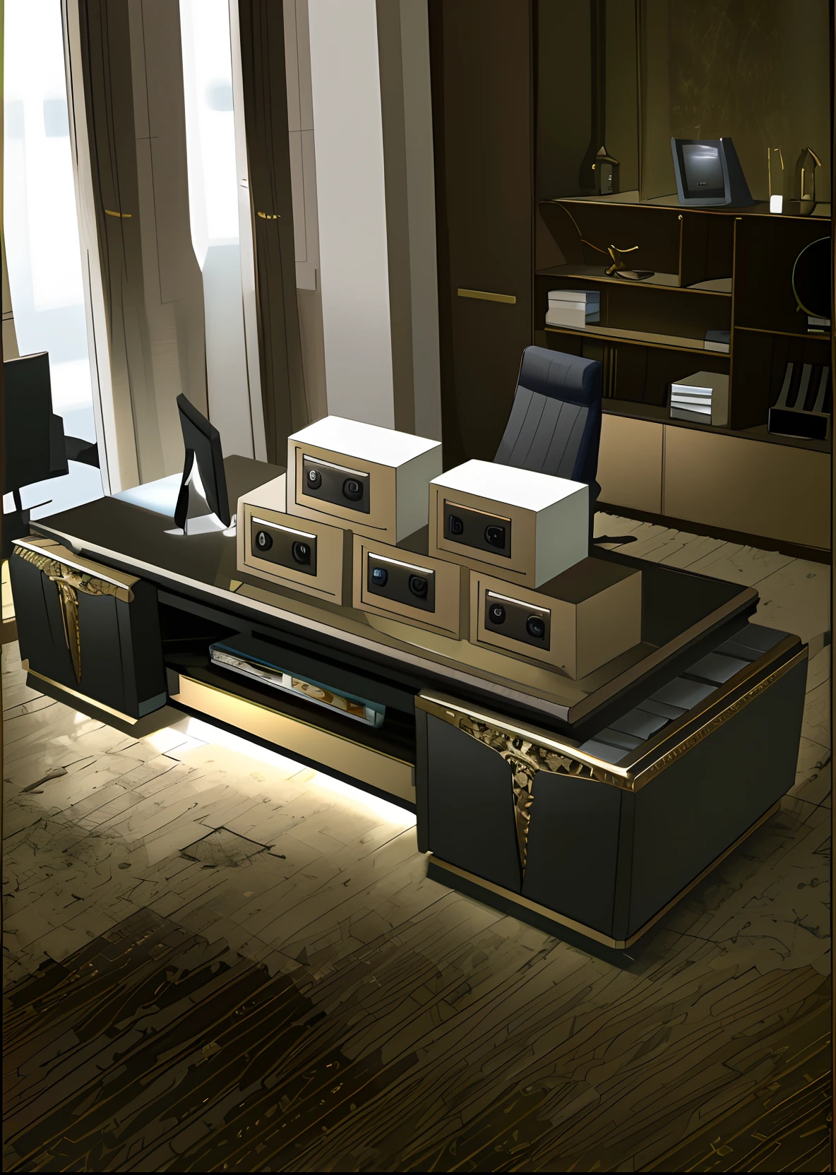 A luxurious office，There are several safes on the desk