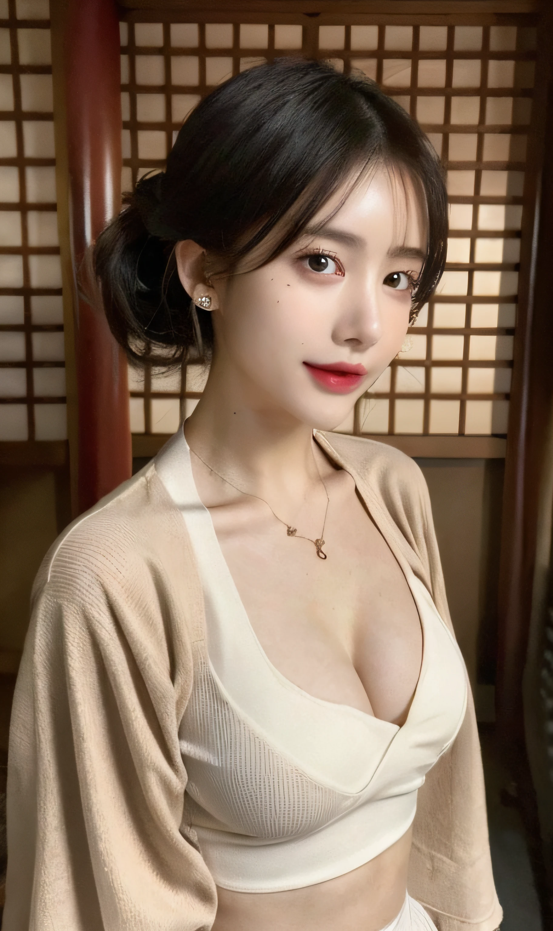 ((Best quality, 8k, Masterpiece :1.3)), 1girl, beautiful woman with emphasis on slim abs: 1.3, (casual hairstyle, big breasts: 1.2), (full body:1.6), hyper realistic skin detail, ultra-detailed face, delicate eyes, double eyelids, soft breasts, smile, beauty moles in breath, diamond choker necklace, jewely, exposed cleavage, her face, realistic, detailed skin, extreme light and shadow,  wearing yukata Japanese summer festival, wearing hair ribbon best quality, (in japanese shrine:1.5), (realistic, photorealistic: 1.37), extreme light and shadow, disheveled hair, master work, rich details, (highest quality photo), (masterpiece), (detailed eyes), look in front of you eyes, incredibly cute under eye moles, necklace, earring best quality, Japanese woman, large breasts, very short bob hair,upper body, A beautiful woman with perfect body:1.4, Slim abdomen:1.2,st. louis \(luxurious wheels\), perfect anatomy, Slim Abs: 1.1, ((geisha style is cover the allure of Japanese Oiran Kimono style, with its intricate designs, rich symbolism, and historical significance, influencing modern fashion and inspiring artists globally)), ((sideboob)),(underboob), sitting down, hands behind head, big breasts,(naked), fingers spreading open, underpants,((naked)), open legs, sweat skined:1.2, outdoor, blonde hair,