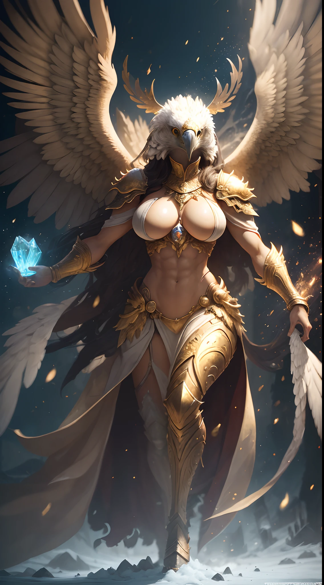 The anthropomorphic female eagle vulture can be described as having a human body and(head of an eagle)and golden wings,Super strong body,Six arms of someone,Have oversized big breasts,Abs,Incredibly exaggerated huge buttocks,Exceptionally long legs,Extremely thick legs,Creatures walking upright,((Beautifully detailed griffin))(the Extremely Detailed CG Unity 8K Wallpapers),Professional majestic oil painting by Ed Blinky,Atea Gaylan,Studio Ghibli,Jeremy Mann,Greg Manches,Antonio Moreau on display at ArtStation,Popular on CGSociety,复杂,high detal,Sharp focus,Dramatic photorealistic paintings by Midjourney and Greg Rutkowska。超高分辨率, best qualtiy, photore, 8K, (realisticlying: 1.2), cinmatic lighting,A giant wearing a bright gold robe and golden feathers,Float on a crystal throne,Floating on a crystal cloud,yellow eyes,A bright yellow glow emanates from the throne,Gemstones float in the sky,Oh, God,Beams of light enveloped his body, There is a large translucent on the crystal throne(Golden feathered wings),wings open,Golden light overhead(The halo:1.2),The abdominal muscles are dressed in medieval gold armor,golden feathers,mascular,darkly,tmasterpiece,best qualtiy,Complicated details,Snow environment and crystal in background,Crystal Cathedral,Portal of the future,3D light,k hd,magia,God of Light,The light from the back window is backlighted,详细的脸, funk,depth of fields,gentle lighting,Tone-mapping,highly detailed,concept-art,smoothness,Clear focus,Dramatic lighting,highly detailed art,cinematic ligh,8K,amazing shadows(highly detailed back ground:1.2)