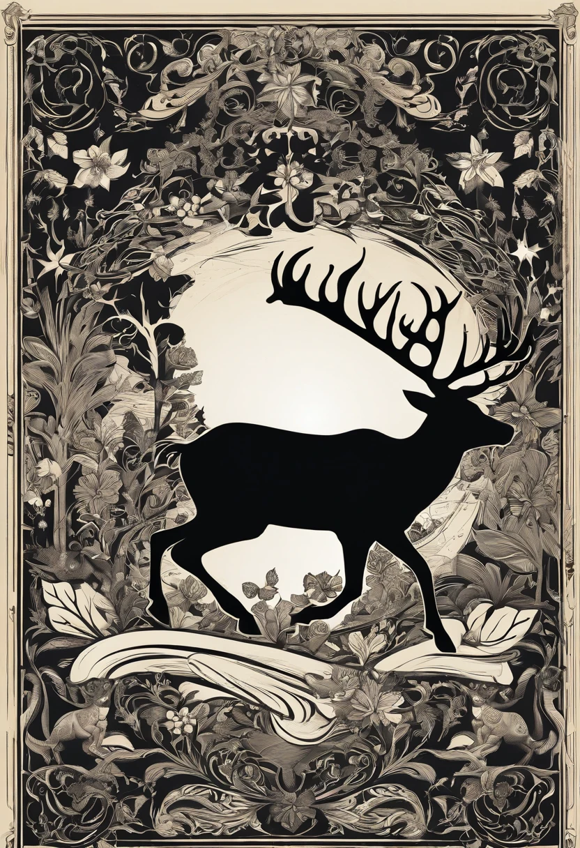 Christmas elements, santa claus　Reindeer pulling a sleigh　Black background, Illustrated minimalist image of a set of exclusive stickers