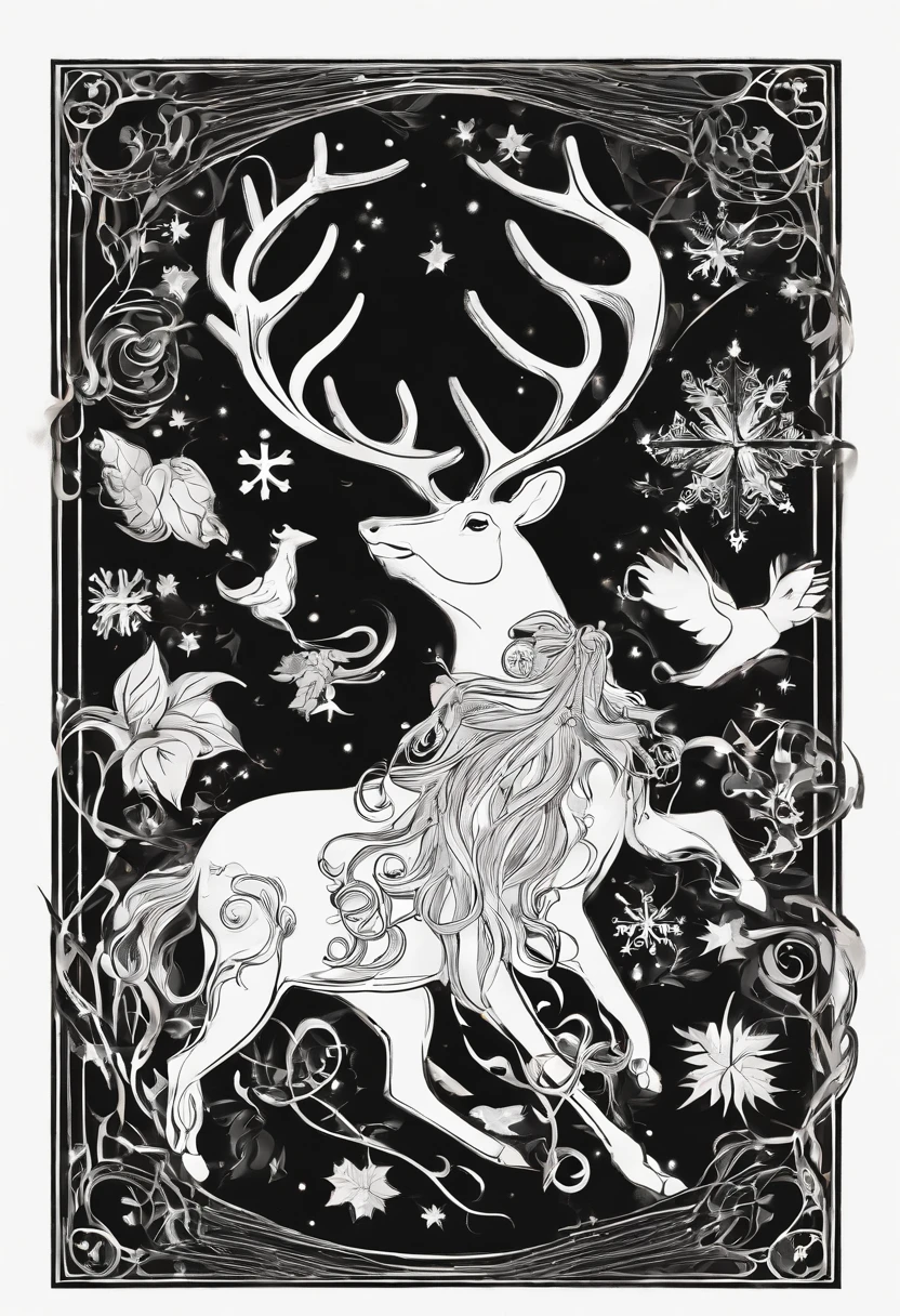 Christmas elements, santa claus Reindeer pulling a sleigh Black background, Illustrated minimalist image of a set of exclusive stickers