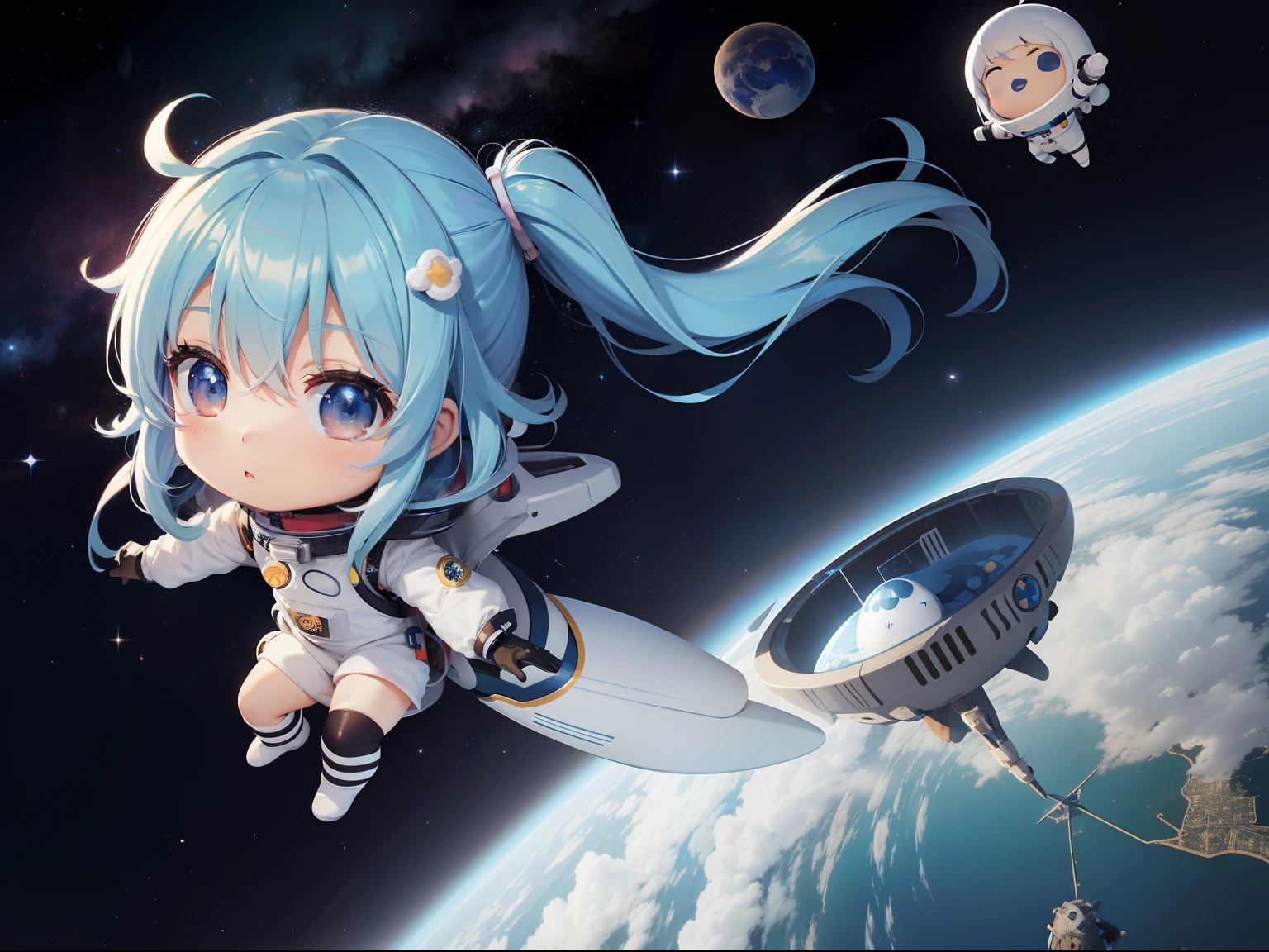 Chibi Character Floating in space in a spacesuit、long hair with blue hair((Chibi Chara))、Fluffy、girl with、Chibi Chara、full body Esbian、Pastel colors hair、masutepiece、top-quality、a moon constellation planet earth