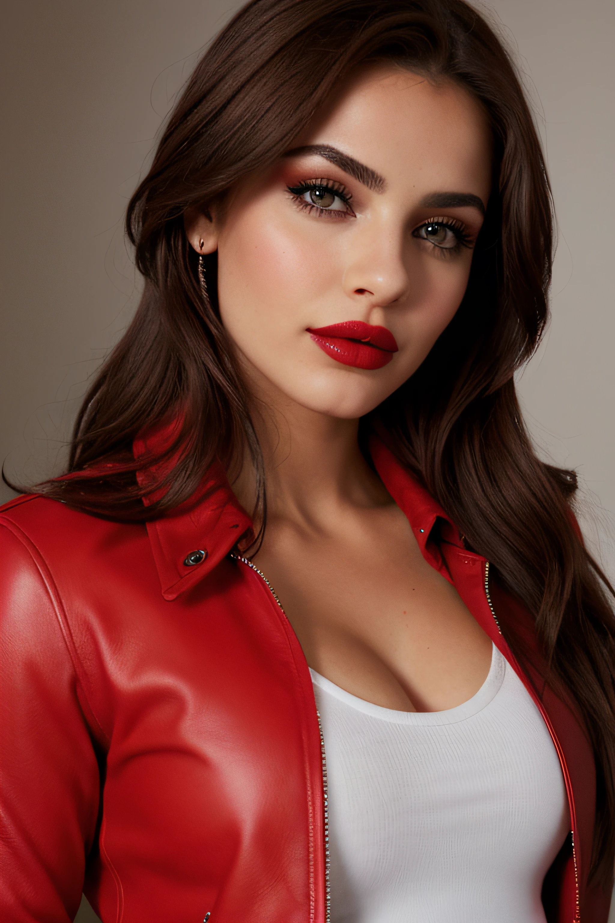 (La mejor calidad,realista:1), sexy, chaqueta color rojo, Cabello largo, ojos negros, feliz, cuerpo completo, Ojos y labios detallados, Bold expression, refinado, Strong lighting, Pintura ultrafina, profesional, erotic, foco nítido, vivid colors