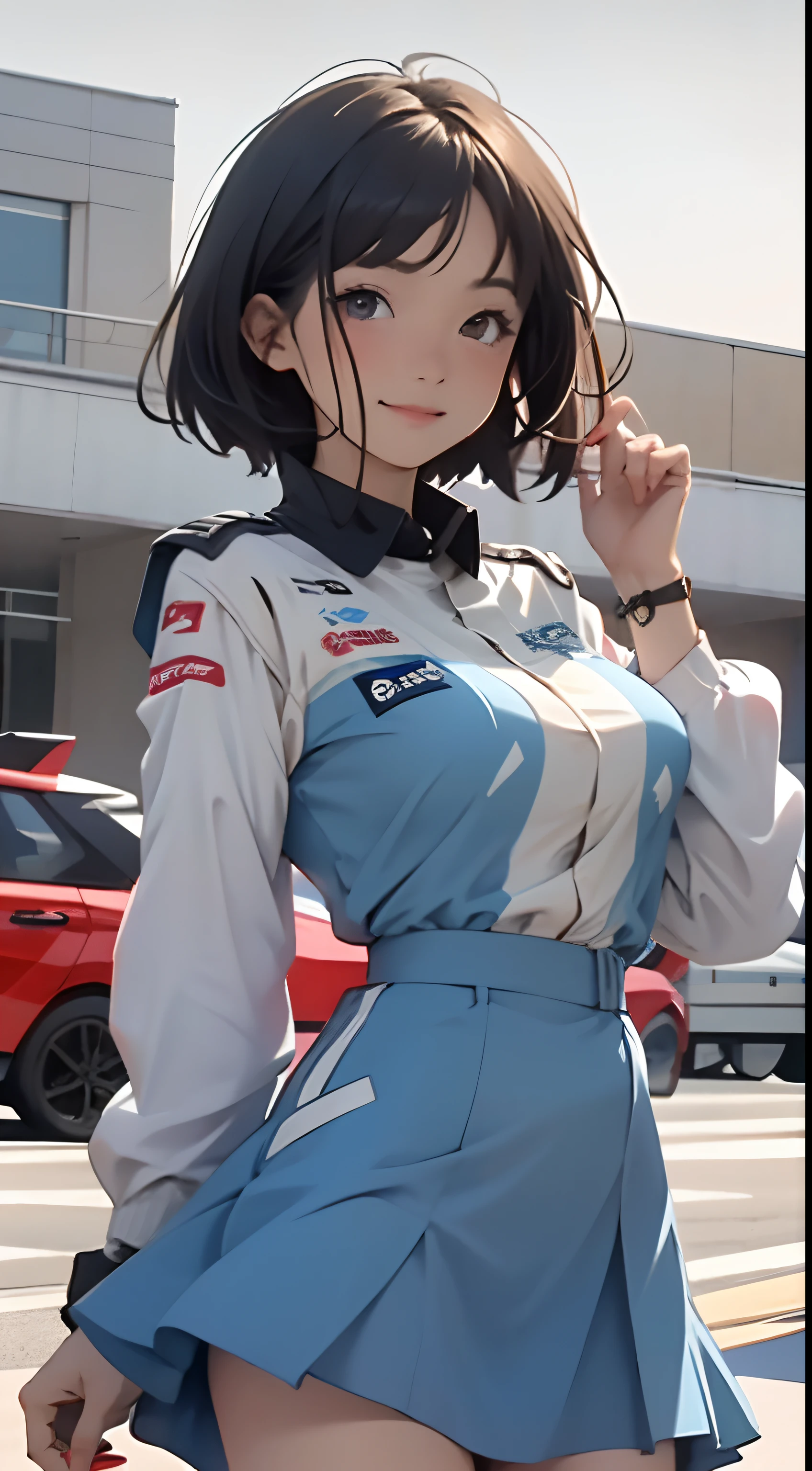 Anime girl in blue dress, oppai, biomechanical oppai, in dress, oppai proportions, Ecchi, Big breasts!!, with a big chest, pixiv 3dcg, Big breasts!, (SFW) safe for work, Ecchi anime style, けもの, Seductive Anime Girl, 1girl huge large breasts,、((top-quality)), ((masterpiece)), A smile, Pitch Resuit, Colossal tits, Puffy nipple, knee high, Naughty face, knee high white, Adult Woman, (cum in vaginas:1.3), cum in mouth, (Overflowing G-string:1.5), Sobbing tears, short-cut, Check mini skirt, l, Race Queen, A slender, masterpaintings, best qualtiy, Photorealsitic, ultra-detailliert, (shiny skins, perspired:1.4), Watch the crowd, With short black hair, Brown-eyed, slender, dynamic light and shadow, hight resolution, Sharp Focus, depth of view, The eyes are delicate, Sharp pupils, pupil realistic, (Colossal tits), A slender, (thick thight), outside of house, Skysky, Tight skirt, Short skirt, Grid Girl, underboob, Wet_Clothes, Wear the grid_Girl costume printed with sponsor's logo, (Stand in a motorsport race)+, left hand on waist