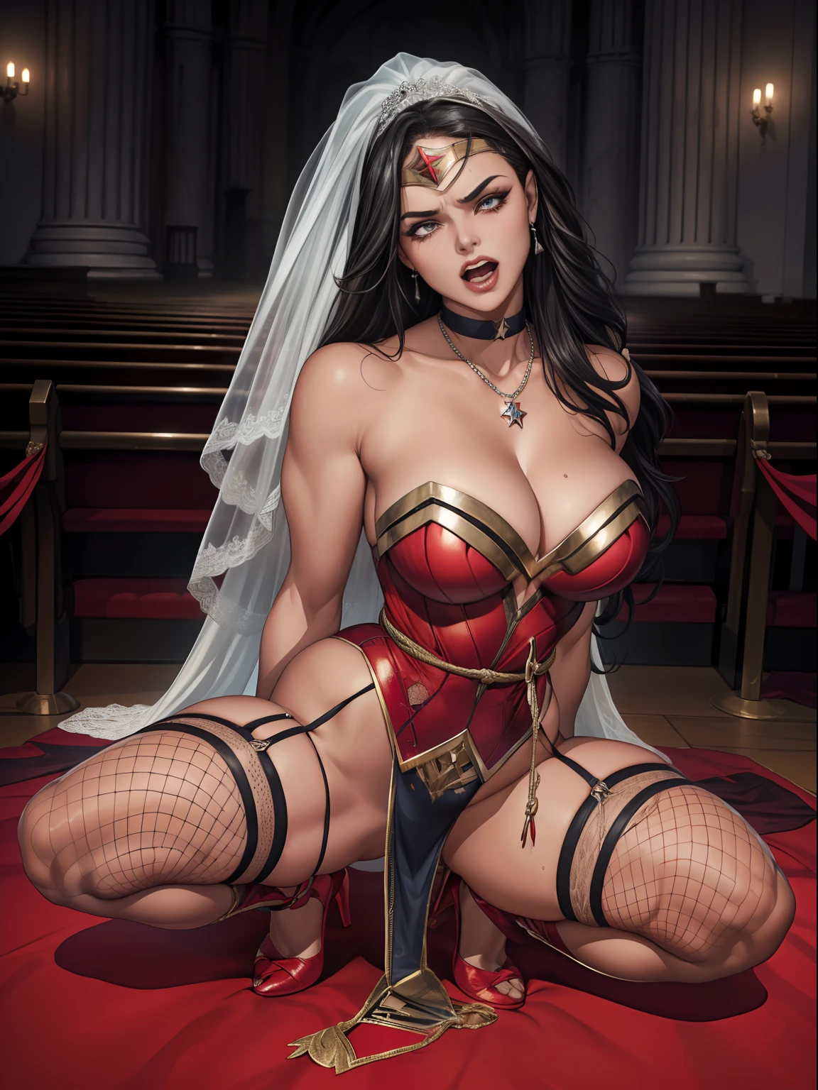 ((Aerial view)), ((It is on the altar of the church)), (She's wearing stiletto high heels) ((Your blouse is tattered, Your mesh is tattered, his uniform is tattered, seu traje esta esfarrapado, your clothes are tattered)), ((SUPERHEROINE Wonder Woman half crouched)), ((vezes, vagabunda, prostituta, vadia)) She's sweaty all over her body. (She's screaming in terror) , (She's terrified), (She's crying a lot), ((ela tem cabelo preto, ela tem cabelo longo)), ((She's wearing a Fishnet garter belt)), ((Wearing a thick metal necklace around the neck )), (She screams and begs for mercy), (Ela cai no choro), (Wearing a thick metal necklace around the neck with a chain), (Usando maquiagem pesada no rosto), (Your clothes are immoral, your clothes are indecent). Shibari, arms behind back:1.4), (hands on back), (obra-prima, melhor qualidade) 1.5, 1girl, sozinho, (sexy, mulher bonita, rosto perfeito, olhos perfeitos), corpo inteiro, (Shibari, arms behind back:1.4), (hands on back), ((cabelos pretos)). ((High Definition Face)). (((She is dressed as a bride at the wedding, she is dragged by the leash, she is humiliated))).