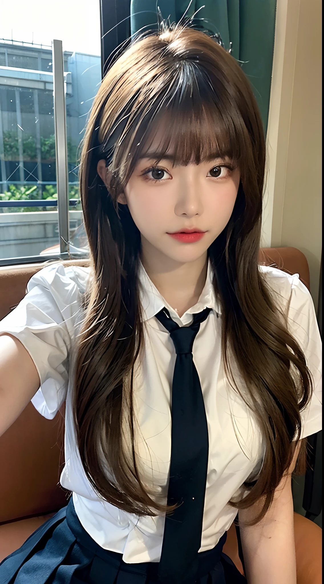 (masterpiece, bestquality:1.2), 10, 15 me, 85 mm., official art, RAW photo, Absurd, white blouse, pretty face, Up Close, Upper body, Violaceaess, Gardenia, beautiful girl, School uniform, (Navy pleated skirt:1.1), Curly waist, thights, short sleeves, In the train, Sit on the bench seat.............................., looking at the audience, no makeup, (smile:0.4), grain of film, Chromatic aberration, crisp focus, face lights, Clear lighting, adolescent, detailed face, Bokeh background, (Dark red tie:1.1)