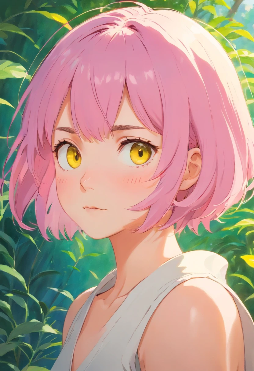 masterpiece, girl with pink skin, yelow short hair