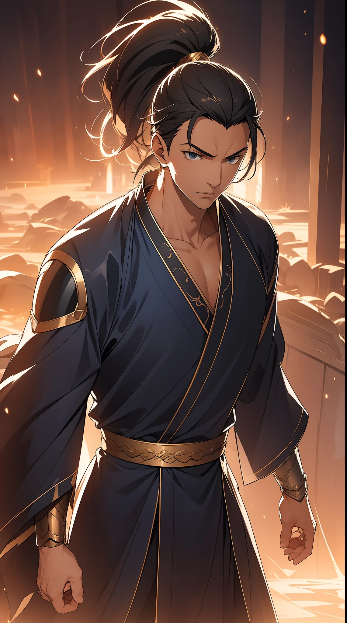 quadratic element，style of anime，mtu（Male Warrior），The proportions are correct，Face details，swordsmen，High ponytail hairstyle，Neck details，There is an Adam's apple，Blue suit，kaftan，long blue robes，clothes details，Handing over，longer sleeves，Game quality，Swordsmanship，Light and shadow tracking，Ray traching，detailed glow，cg render，hair detail，Black long hair，blue colored eyes，Handsome，Handsome，（juvenile sense），Clothing is complicated，Perfectcomposition，Refinement，high qulity，higher details，Lots of details，The background is complex，a sense of atmosphere，