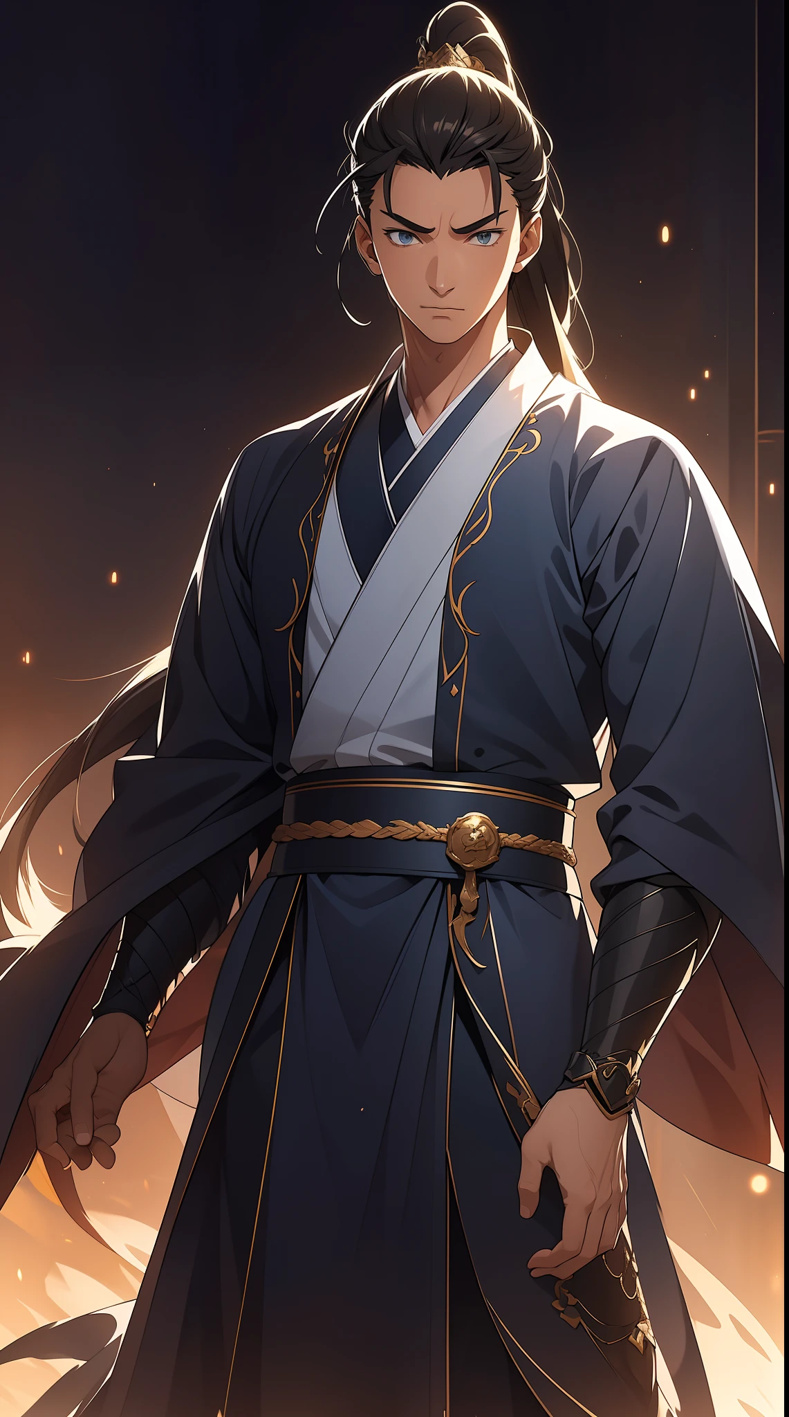 quadratic element，style of anime，mtu（Male Warrior），The proportions are correct，Face details，swordsmen，High ponytail hairstyle，Neck details，There is an Adam's apple，Blue suit，kaftan，long blue robes，clothes details，Handing over，longer sleeves，Game quality，Swordsmanship，Light and shadow tracking，Ray traching，detailed glow，cg render，hair detail，Black long hair，blue colored eyes，Handsome，Handsome，（juvenile sense），Clothing is complicated，Perfectcomposition，Refinement，high qulity，higher details，Lots of details，The background is complex，a sense of atmosphere，