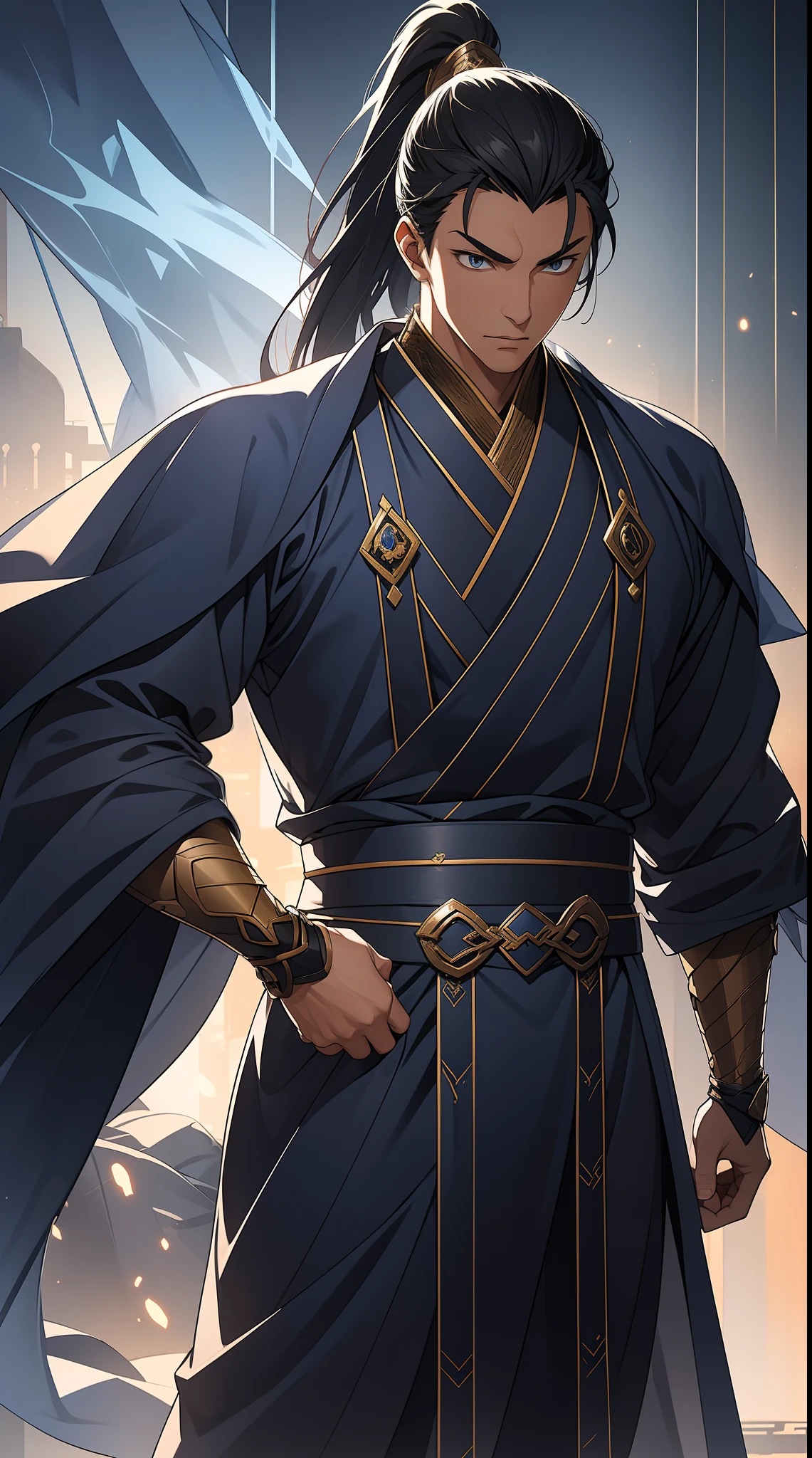 quadratic element，style of anime，mtu（Male Warrior），The proportions are correct，Face details，swordsmen，High ponytail hairstyle，Neck details，There is an Adam's apple，Blue suit，kaftan，long blue robes，clothes details，Handing over，longer sleeves，Game quality，Swordsmanship，Light and shadow tracking，Ray traching，detailed glow，cg render，hair detail，Black long hair，blue colored eyes，Handsome，Handsome，（juvenile sense），Clothing is complicated，Perfectcomposition，Refinement，high qulity，higher details，Lots of details，The background is complex，a sense of atmosphere，