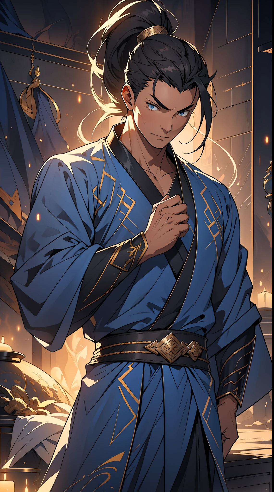 quadratic element,style of anime,mtu(Male Warrior),The proportions are correct,Face details,swordsmen,High ponytail hairstyle,Neck details,There is an Adam's apple,Blue suit,kaftan,long blue robes,clothes details,Handing over,longer sleeves,Game quality,Swordsmanship,Light and shadow tracking,Ray traching,detailed glow,cg render,hair detail,Black long hair,blue colored eyes,Handsome,Handsome,(juvenile sense),Clothing is complicated,Perfectcomposition,Refinement,high qulity,higher details,Lots of details,The background is complex,a sense of atmosphere,