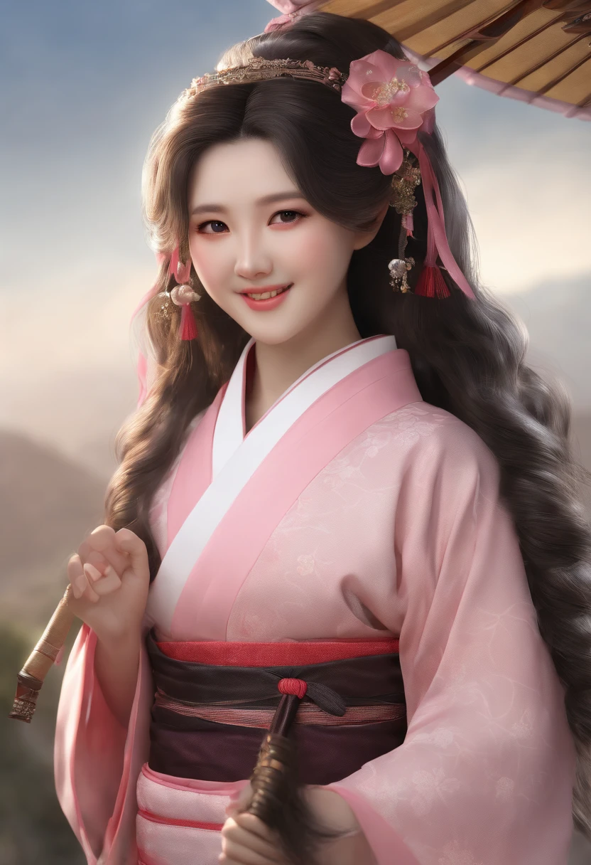 masterpiece, (photorealistic:1.5), realistic eyes, asian woman, best quality, beautiful lighting, professional lighting, photon mapping, radiosity, physically-based rendering,, kamado nezuko, 1girl, black hair, forehead, hair ribbon, japanese clothes, kimono, long hair, multicolored hair, open mouth, pink eyes, pink kimono, pink ribbon, ribbon, smile, very long hair, sky, ((aged up)),, (RAW photo, 8k uhd, film grain)