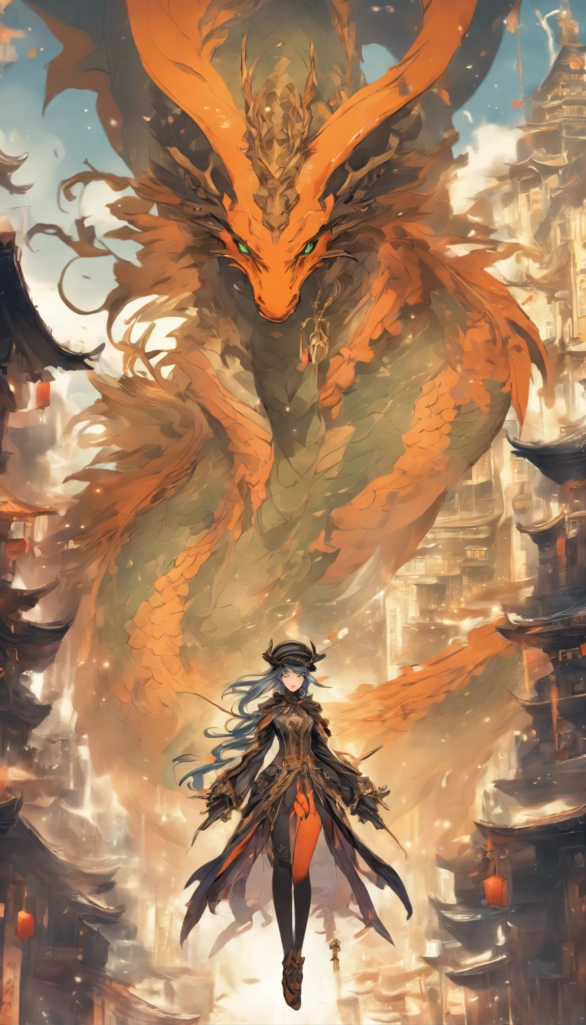 Chinese ink style,Steampunk world,Steampunk warframe girl in dragon shape,Jet steam is suspended in the city air,Ink animation art,Ink comic art,water ink,ink,Smudge,8K,Delicately portrayed,Works of masters