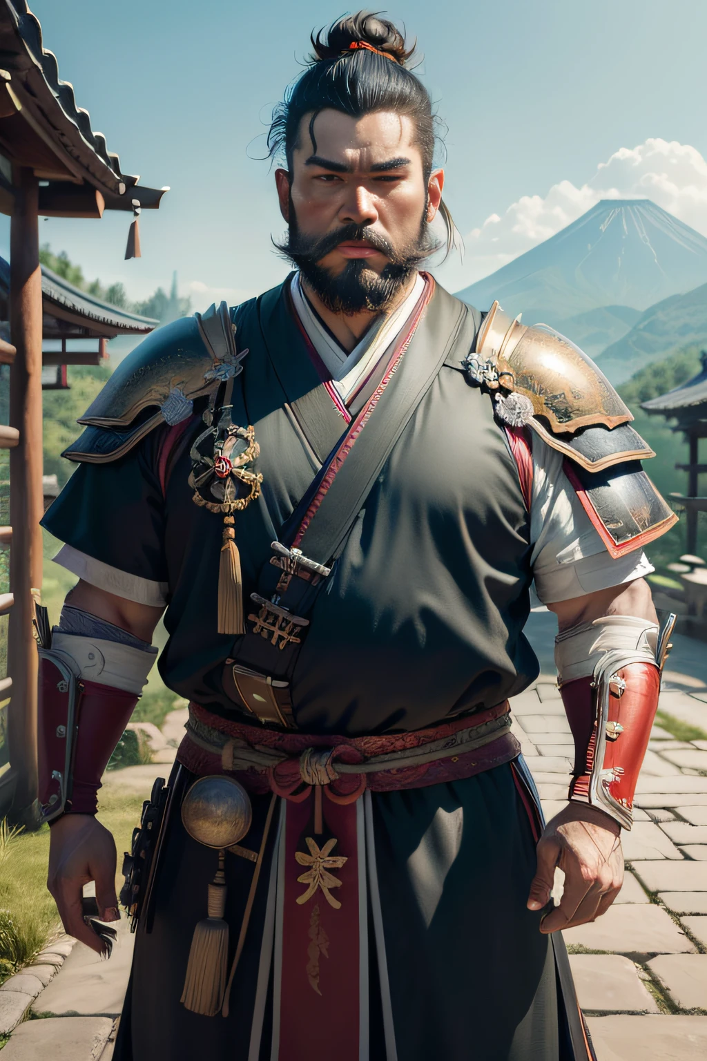 ((top-quality)), ((​masterpiece)), ((Photorealsitic)), (ultra-detailliert),（Upper body only）, (shaven)、mustache、bearded、No watermark signature, Magnificent castle in the background , 细致背景, Screaming, insanely detaileda,shaven, complexly detailed, ((​masterpiece)), absurderes, HDR, UHD, 8K, (Align Center, Frame Center), (foco nítido, charactor focus), 1male people, japanese samurai, Wearing Japan armor, armor、fatness、 male people, samurais、monks、Fat、