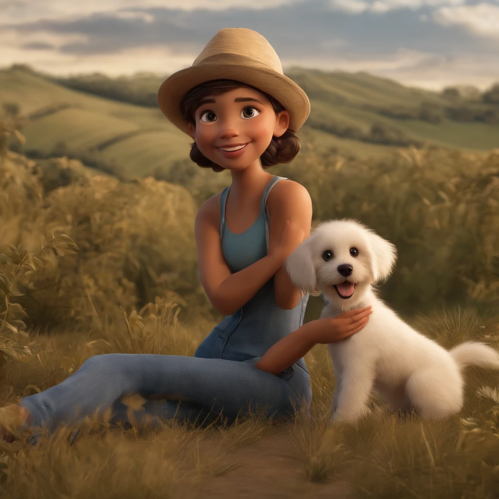 Film image quality，Disney Animation，style of disney animation，Disney Movie Animation，3D Movies，Estilo chino，Girl and puppy playing in the field，Short hair and small braids，Tirantes Denim，Los descalzos，Profundidad de campos，Luz alta，Luz real，Trazado de rayos，OC renderizado，hyper-realistic，Mejor calidad，8k，Obras de maestros，Super-fino，Old pubic detailed，anatomy correct，sharp focus on eyes，Bokeh，Los rasgos faciales se representan cuidadosamente, contornos marcados blanco y negro
