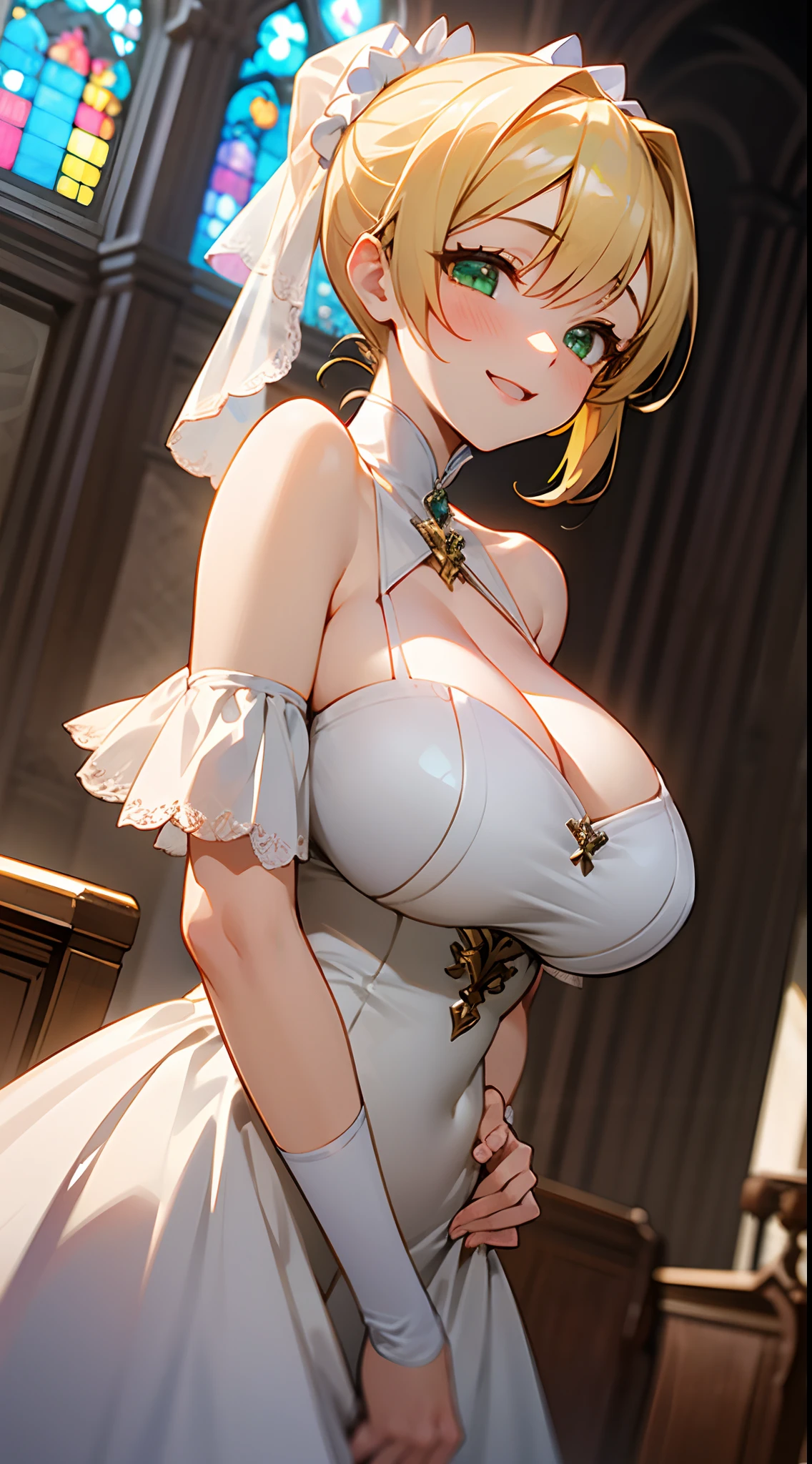 1 girl, game CG, white bride dress, shoulders visible, veil, scrunchie, gigantic breasts, blonde, middle hair, side ponytail, green eyes, happiness, church,