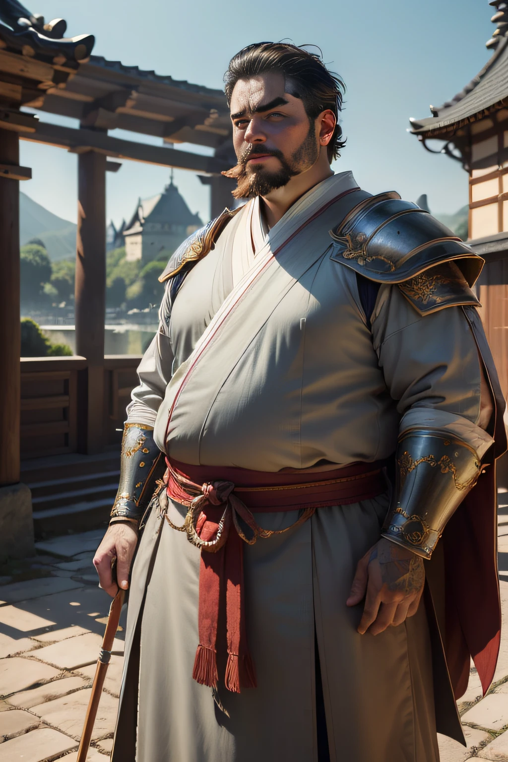 ((top-quality)), ((masterpiece)), ((Photorealsitic)), (ultra-detailliert),(Upper body only), (shaven)、mustache、bearded、No watermark signature, Magnificent castle in the background , 细致背景, Screaming, insanely detaileda,shaven, complexly detailed, ((masterpiece)), absurderes, HDR, UHD, 8K, (Align Center, Frame Center), (foco nítido, charactor focus), 1male people, jpn, Wearing Japan armor, armor、fatness、 male people, monks、Fat、Old times