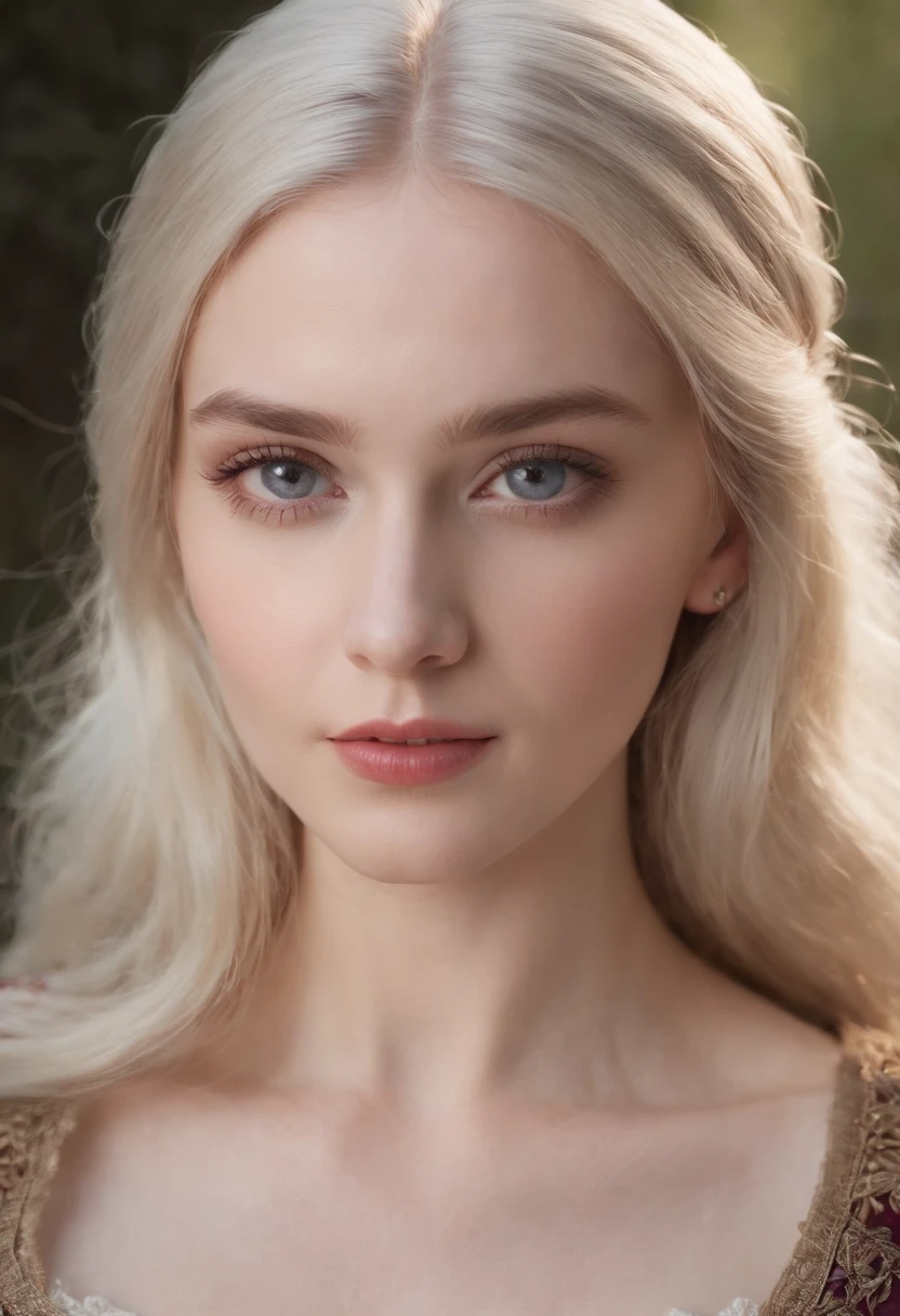 pale fair complexion, woman around 18 years old, natural silver-blonde hair, violet eyes, wearing kohl, beautiful, large breasts, innocent, candlelight in a medieval setting, ultra sharp focus, realistic shot, medieval female clothes